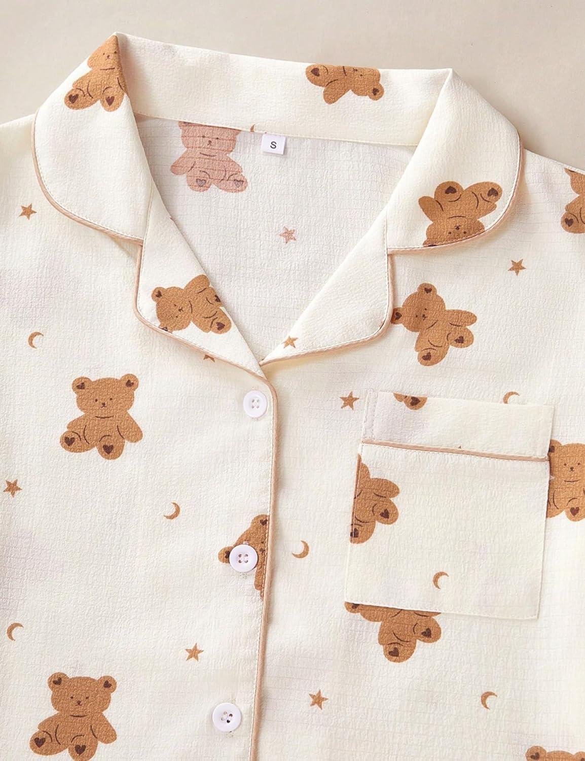 imageSWOMOG Womens 2 Piece Pajama Sets Shorts Sleeve Pajamas Cute Pj Set Lounge Matching Pjs Button Shirt with Long PantsBeige Bear