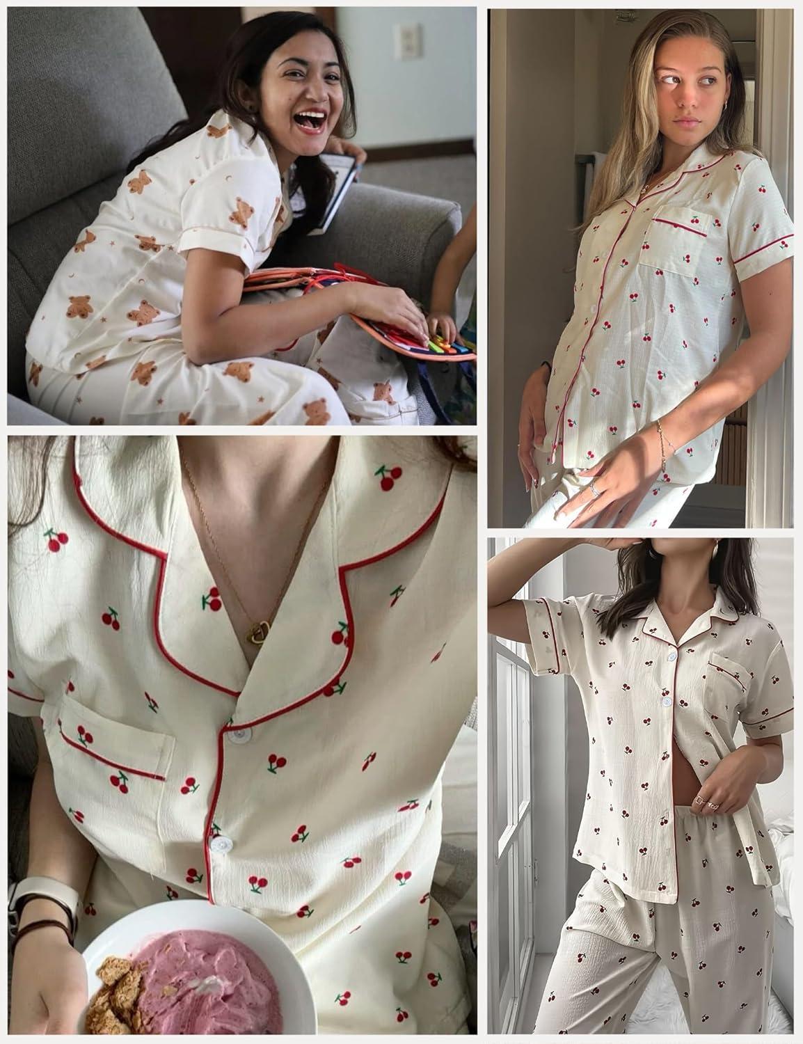 imageSWOMOG Womens 2 Piece Pajama Sets Shorts Sleeve Pajamas Cute Pj Set Lounge Matching Pjs Button Shirt with Long PantsBeige Cherry