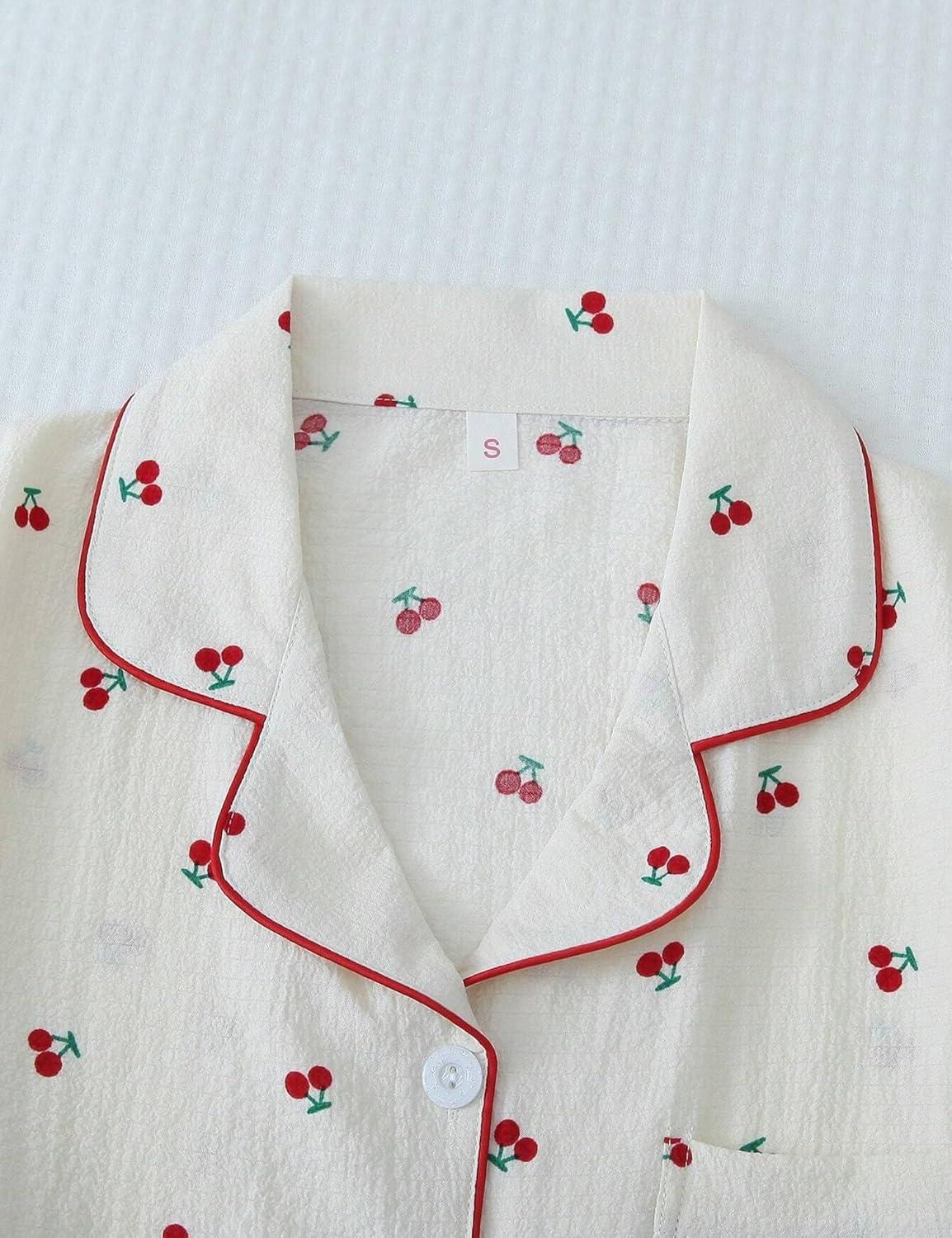 imageSWOMOG Womens 2 Piece Pajama Sets Shorts Sleeve Pajamas Cute Pj Set Lounge Matching Pjs Button Shirt with Long PantsBeige Cherry