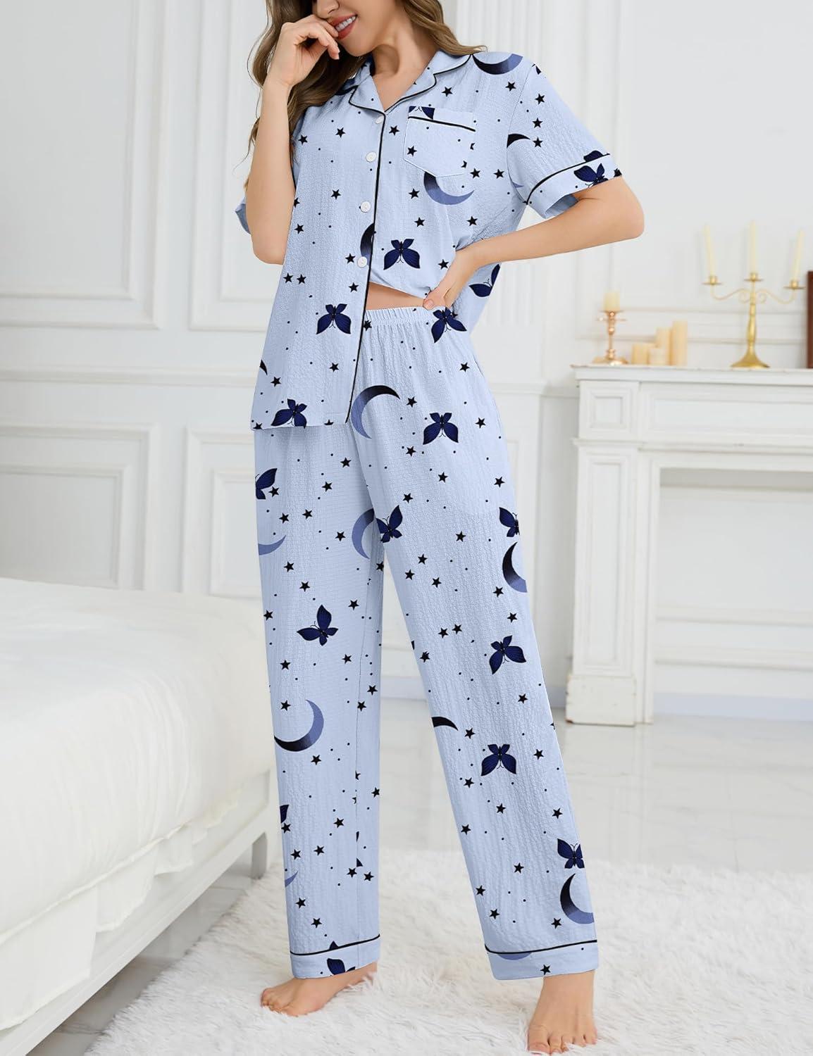 imageSWOMOG Womens 2 Piece Pajama Sets Shorts Sleeve Pajamas Cute Pj Set Lounge Matching Pjs Button Shirt with Long PantsBlue Butterfly
