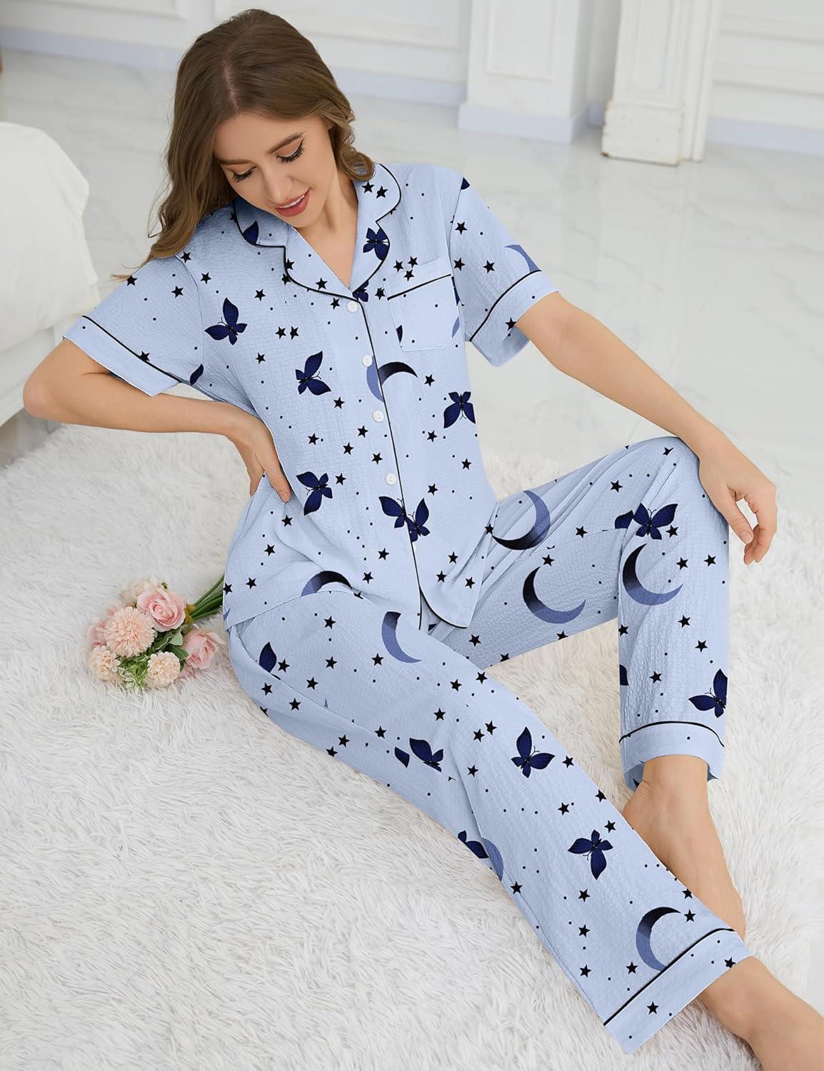 imageSWOMOG Womens 2 Piece Pajama Sets Shorts Sleeve Pajamas Cute Pj Set Lounge Matching Pjs Button Shirt with Long PantsBlue Butterfly