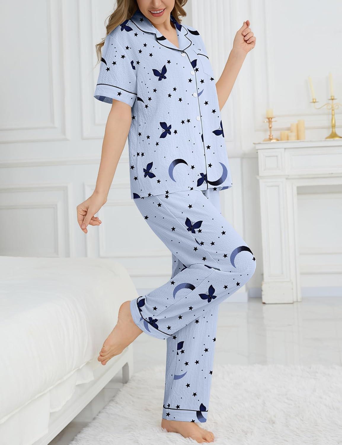 imageSWOMOG Womens 2 Piece Pajama Sets Shorts Sleeve Pajamas Cute Pj Set Lounge Matching Pjs Button Shirt with Long PantsBlue Butterfly