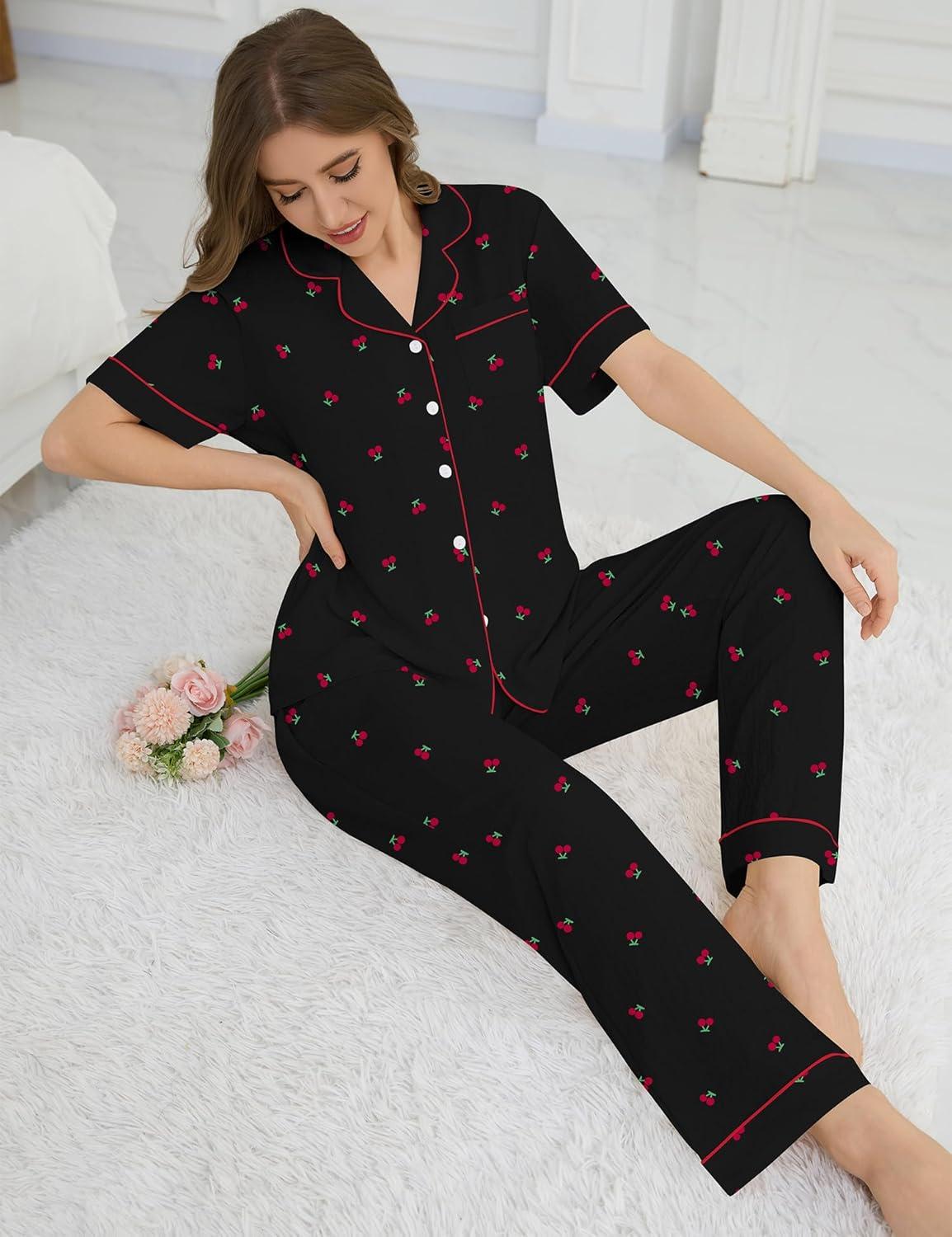 imageSWOMOG Womens 2 Piece Pajama Sets Shorts Sleeve Pajamas Cute Pj Set Lounge Matching Pjs Button Shirt with Long PantsCherry Black