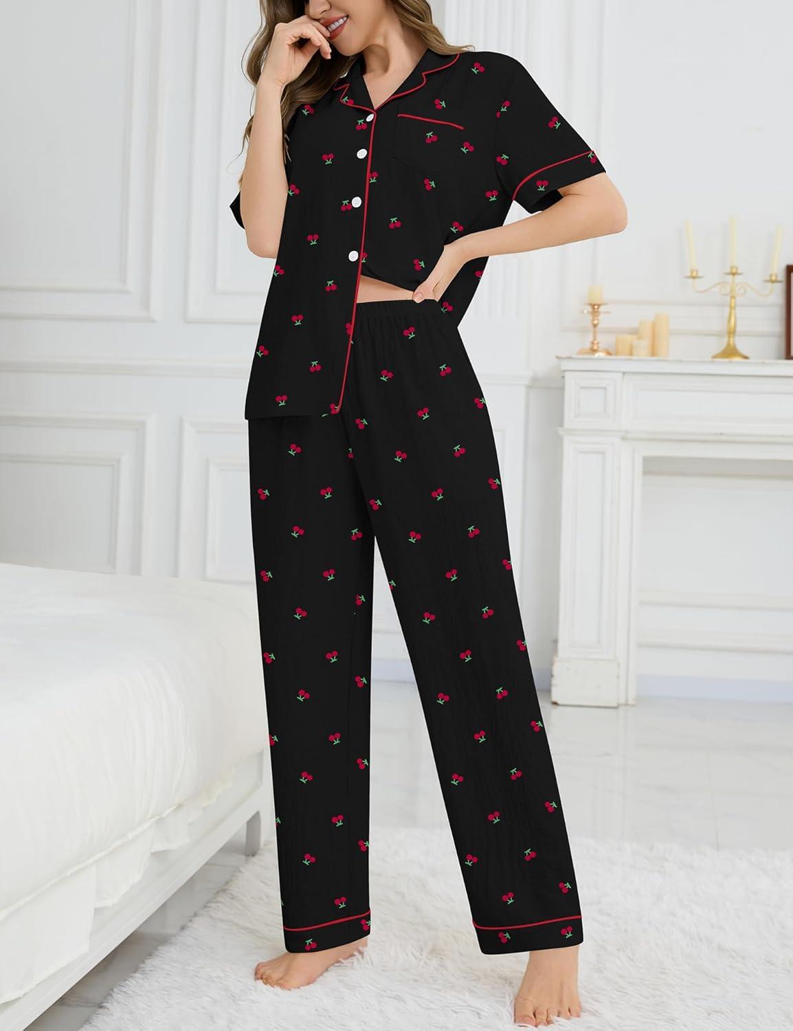 imageSWOMOG Womens 2 Piece Pajama Sets Shorts Sleeve Pajamas Cute Pj Set Lounge Matching Pjs Button Shirt with Long PantsCherry Black
