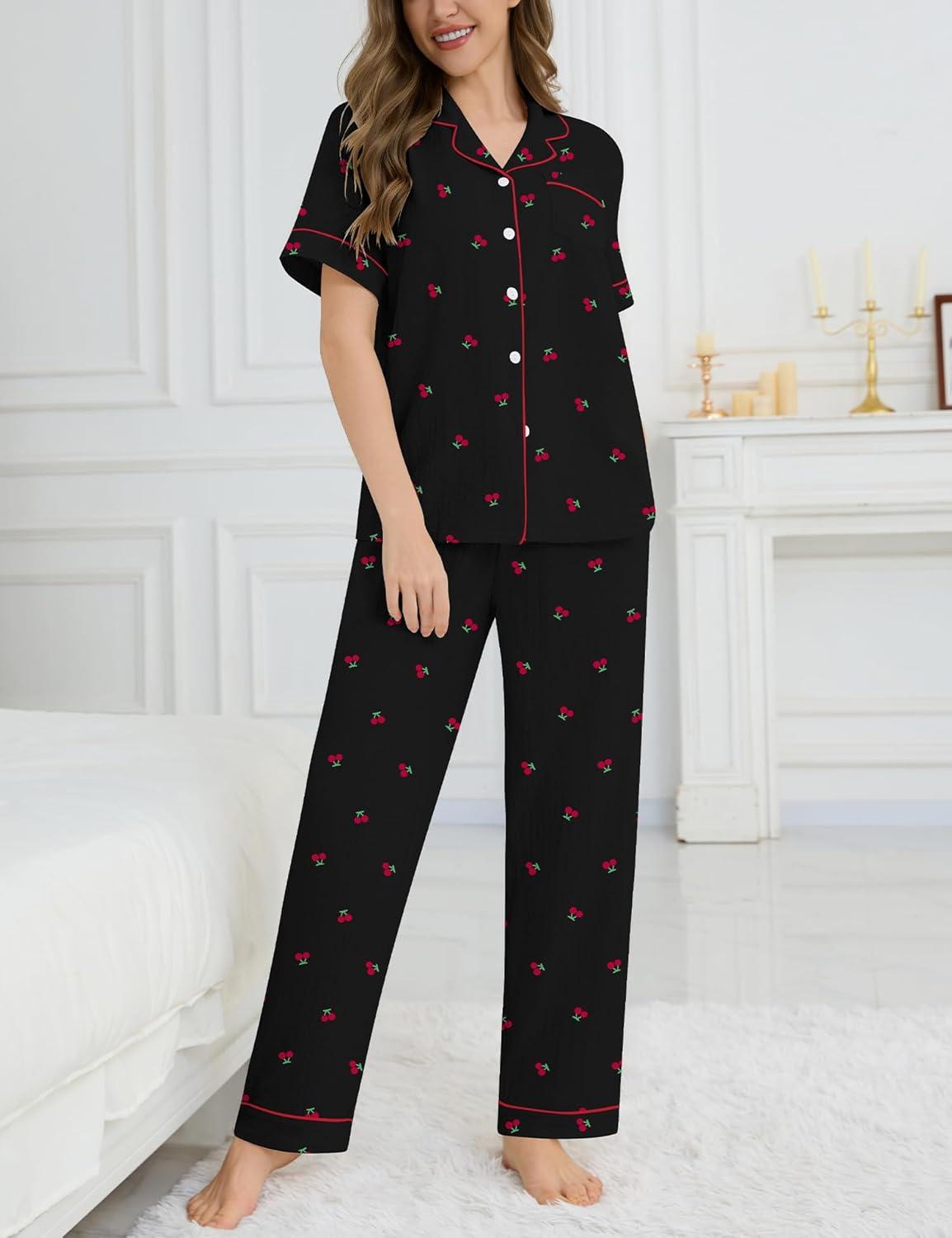 imageSWOMOG Womens 2 Piece Pajama Sets Shorts Sleeve Pajamas Cute Pj Set Lounge Matching Pjs Button Shirt with Long PantsCherry Black