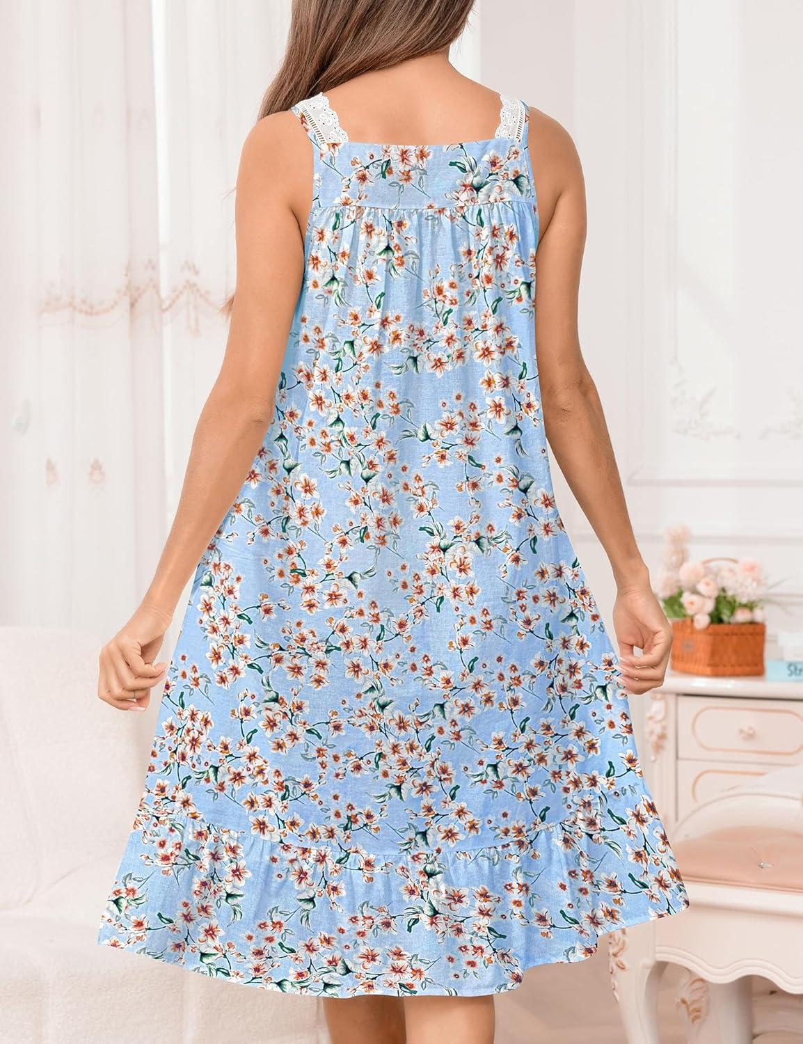 imageSWOMOG Womens Cotton Nightgowns Sleeveless Night Gown Victorian Lace Trim Sleepwear Soft Long Nightdress with PocketsBlue Yellow Flower