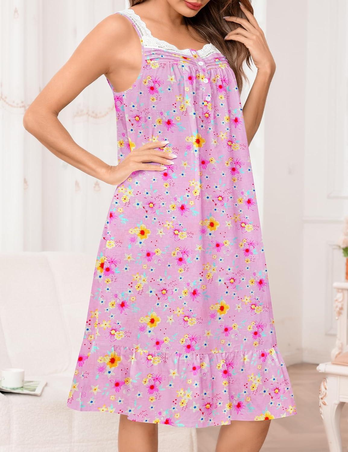 imageSWOMOG Womens Cotton Nightgowns Sleeveless Night Gown Victorian Lace Trim Sleepwear Soft Long Nightdress with PocketsFloral Pink