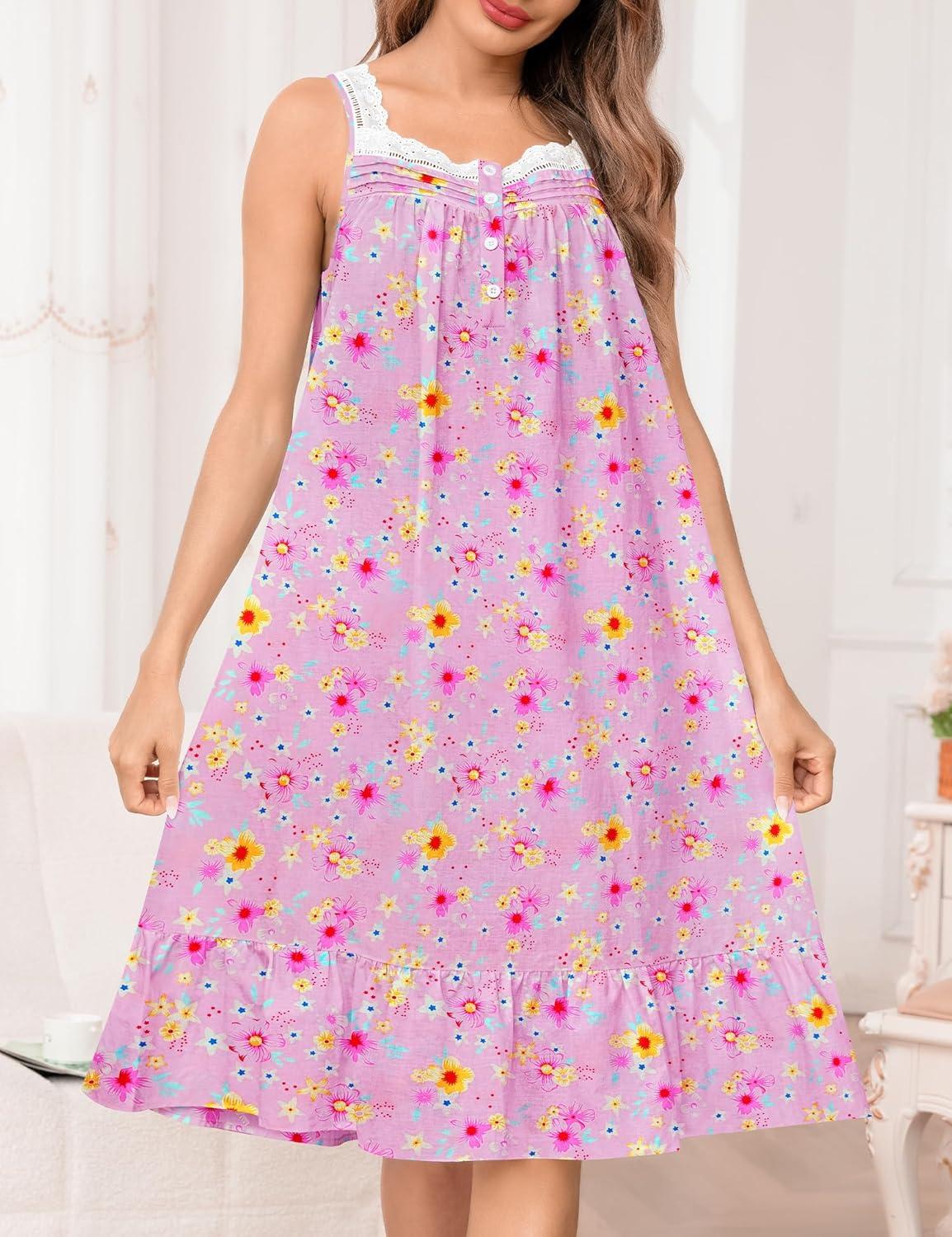 imageSWOMOG Womens Cotton Nightgowns Sleeveless Night Gown Victorian Lace Trim Sleepwear Soft Long Nightdress with PocketsFloral Pink