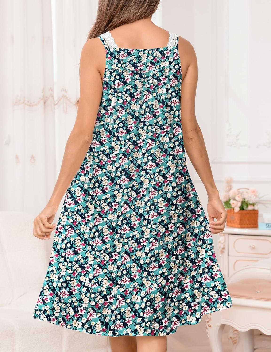 imageSWOMOG Womens Cotton Nightgowns Sleeveless Night Gown Victorian Lace Trim Sleepwear Soft Long Nightdress with PocketsNany Blue Floral