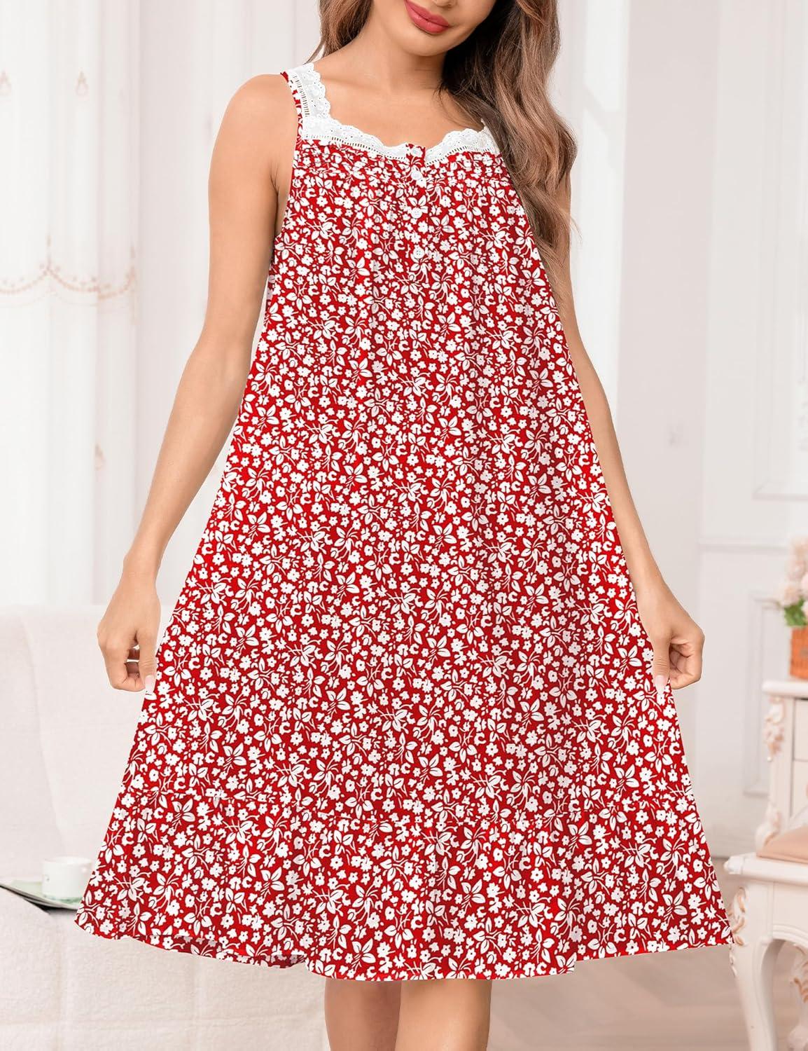 imageSWOMOG Womens Cotton Nightgowns Sleeveless Night Gown Victorian Lace Trim Sleepwear Soft Long Nightdress with PocketsRose Red Floral