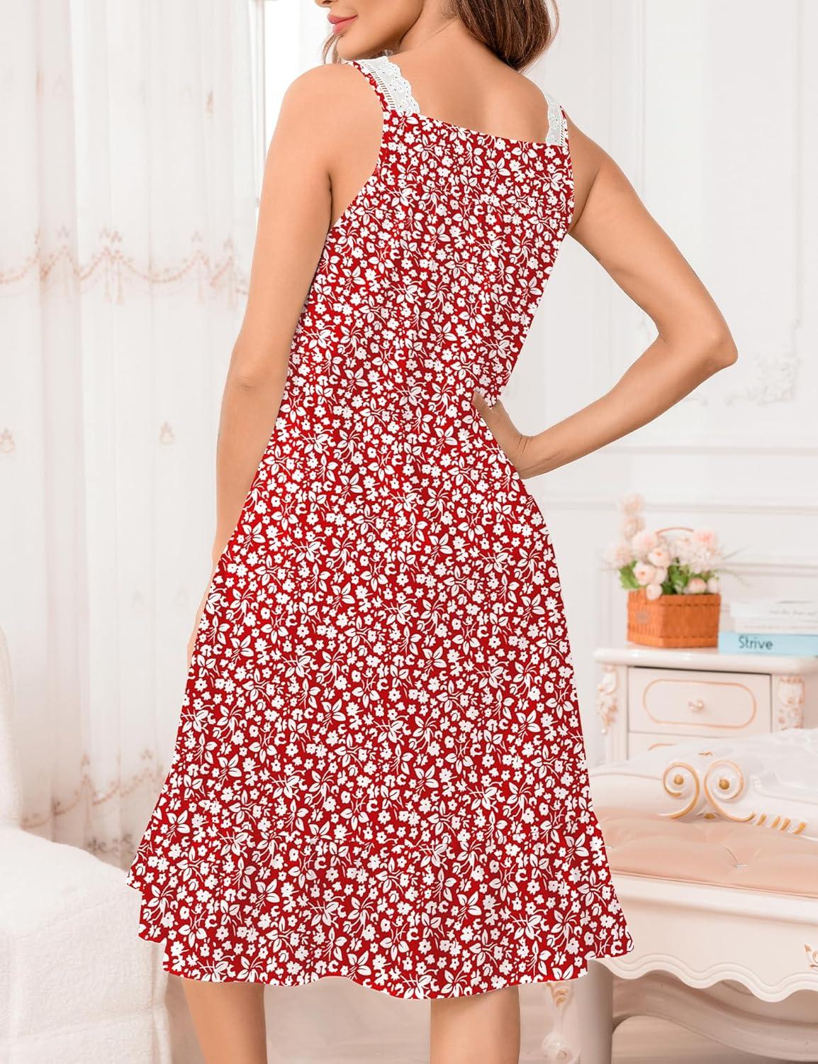 imageSWOMOG Womens Cotton Nightgowns Sleeveless Night Gown Victorian Lace Trim Sleepwear Soft Long Nightdress with PocketsRose Red Floral