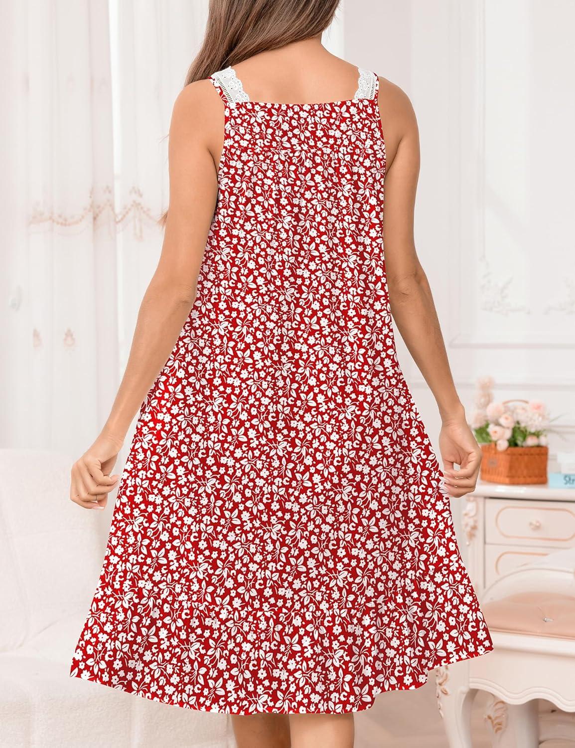 imageSWOMOG Womens Cotton Nightgowns Sleeveless Night Gown Victorian Lace Trim Sleepwear Soft Long Nightdress with PocketsRose Red Floral