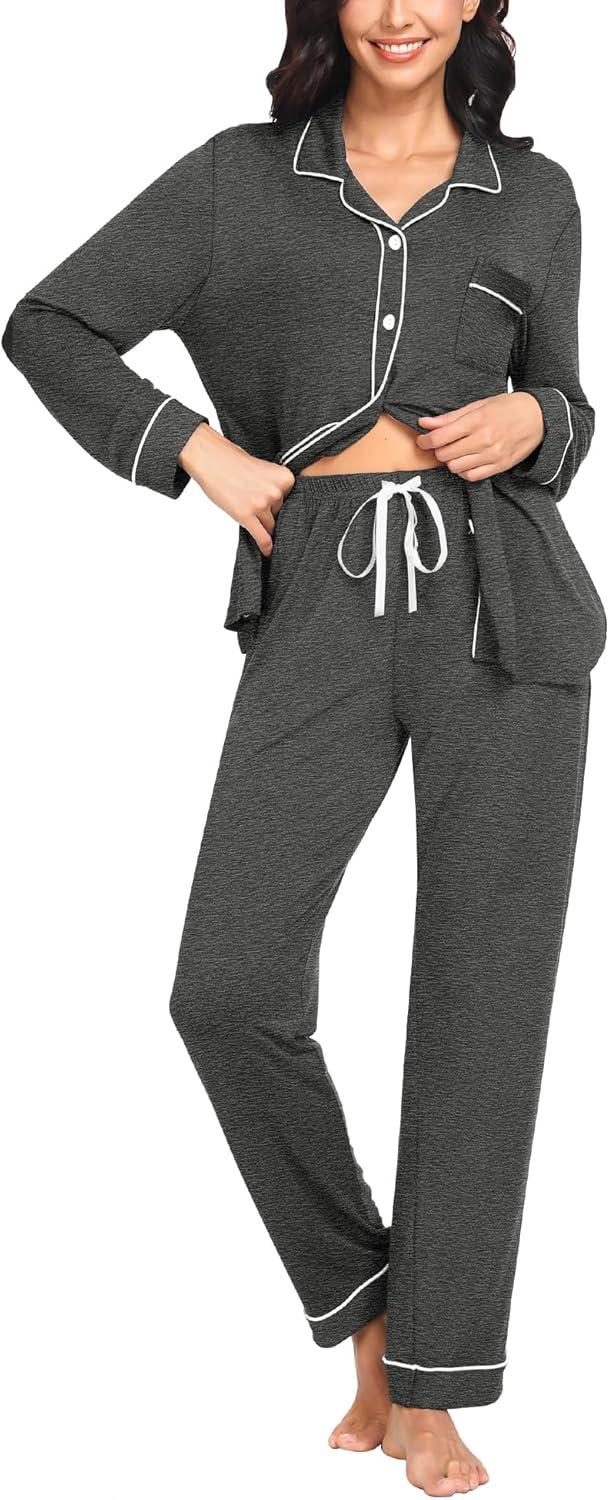 imageSWOMOG Womens Pajama Sets Long Sleeve Button Down Sleepwear Soft Pjs Lounge Sets with Pockets Navy Blue Wide PipingDeep Grey