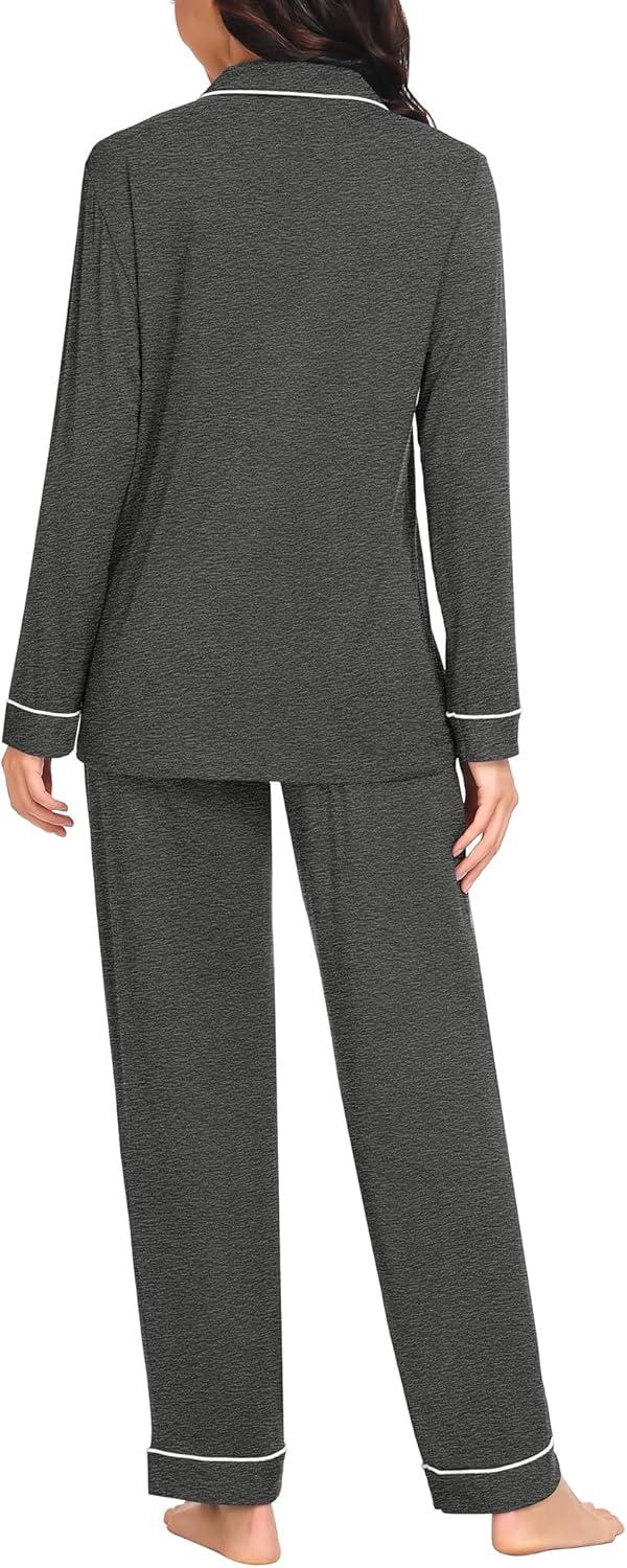 imageSWOMOG Womens Pajama Sets Long Sleeve Button Down Sleepwear Soft Pjs Lounge Sets with Pockets Navy Blue Wide PipingDeep Grey