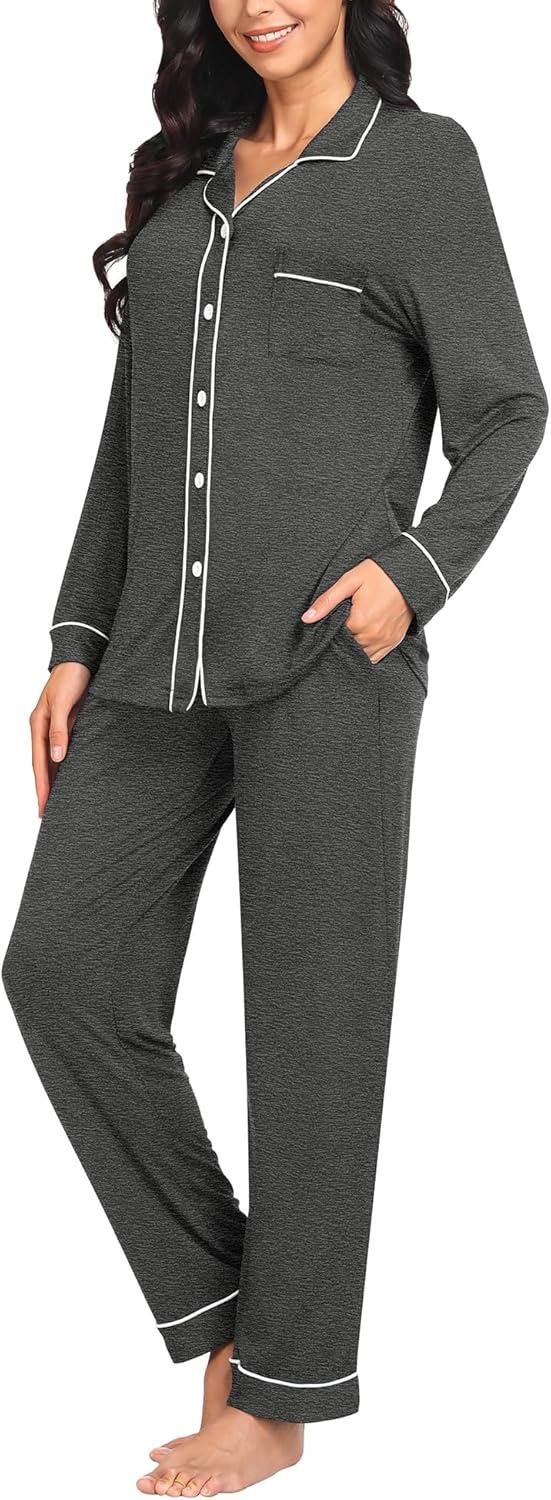 imageSWOMOG Womens Pajama Sets Long Sleeve Button Down Sleepwear Soft Pjs Lounge Sets with Pockets Navy Blue Wide PipingDeep Grey