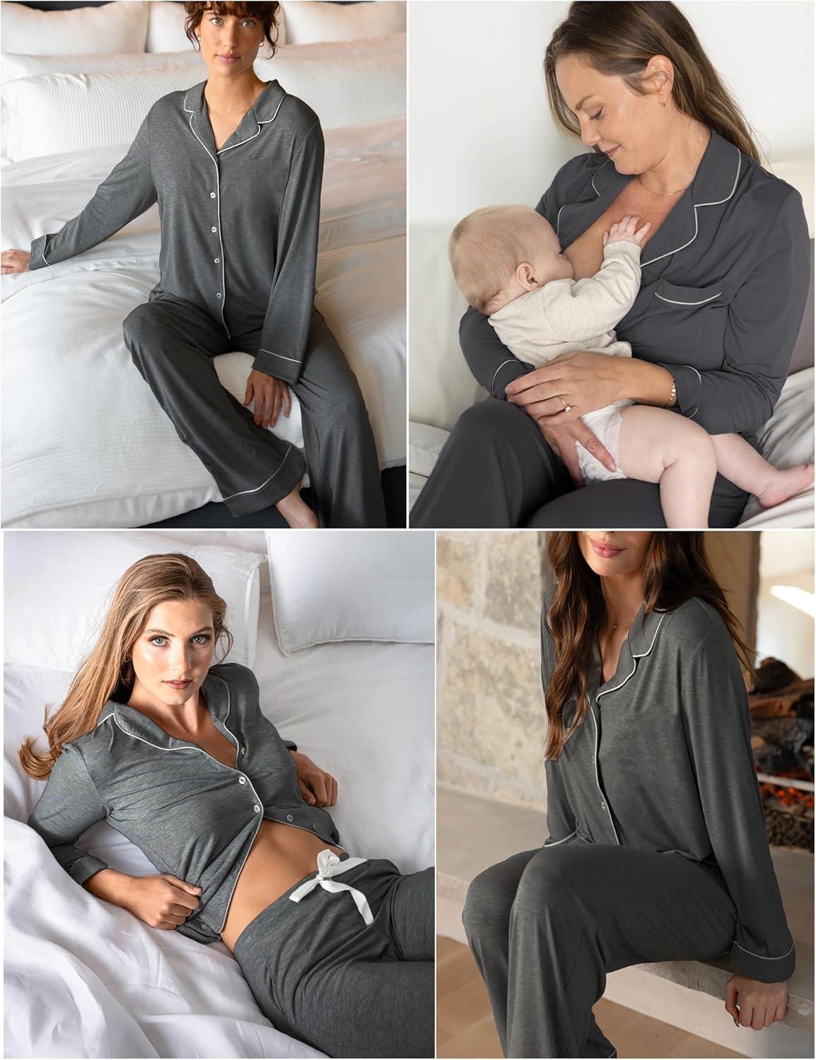 imageSWOMOG Womens Pajama Sets Long Sleeve Button Down Sleepwear Soft Pjs Lounge Sets with Pockets Navy Blue Wide PipingDeep Greytwo Pockets