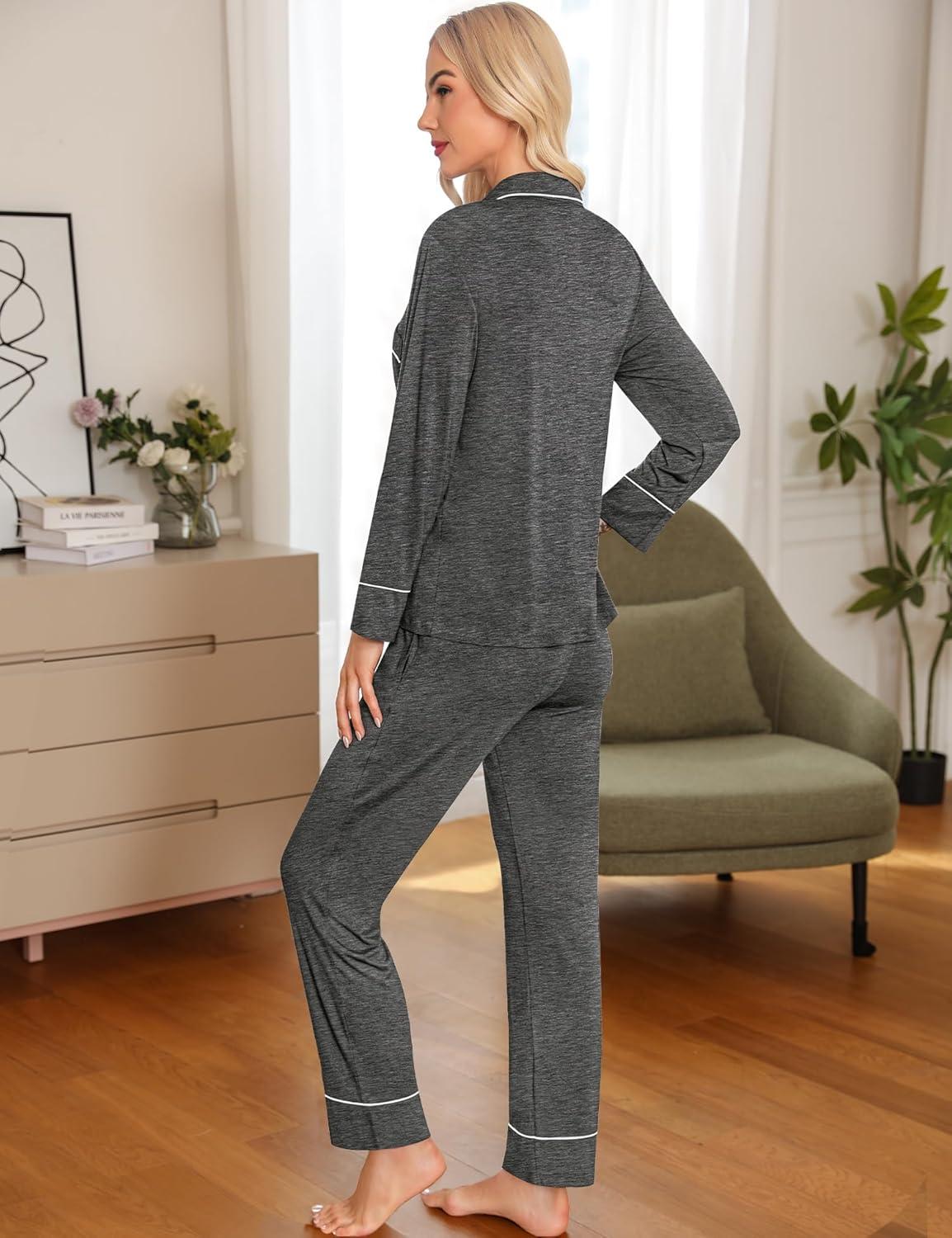 imageSWOMOG Womens Pajama Sets Long Sleeve Button Down Sleepwear Soft Pjs Lounge Sets with Pockets Navy Blue Wide PipingDeep Greywide Piping