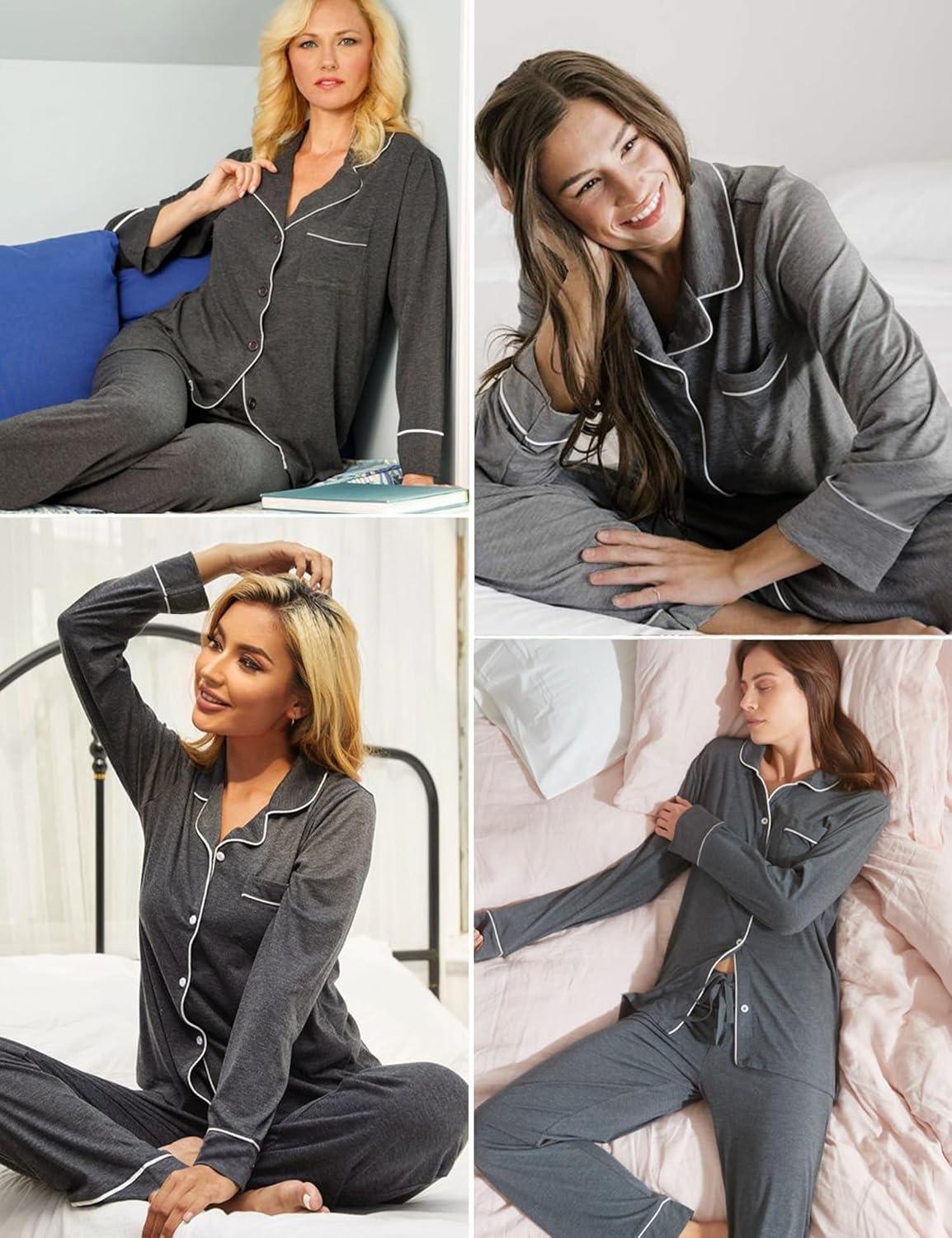 imageSWOMOG Womens Pajama Sets Long Sleeve Button Down Sleepwear Soft Pjs Lounge Sets with Pockets Navy Blue Wide PipingDeep Greywide Piping
