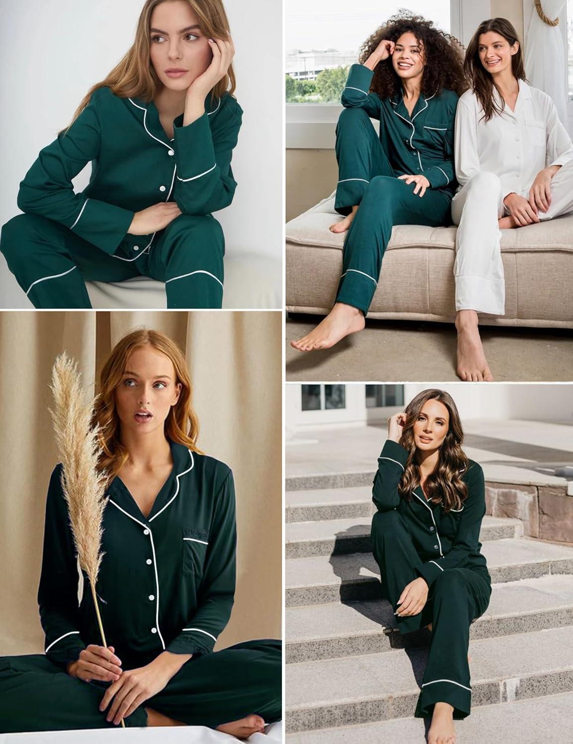 imageSWOMOG Womens Pajama Sets Long Sleeve Button Down Sleepwear Soft Pjs Lounge Sets with Pockets Navy Blue Wide PipingEmerald Green