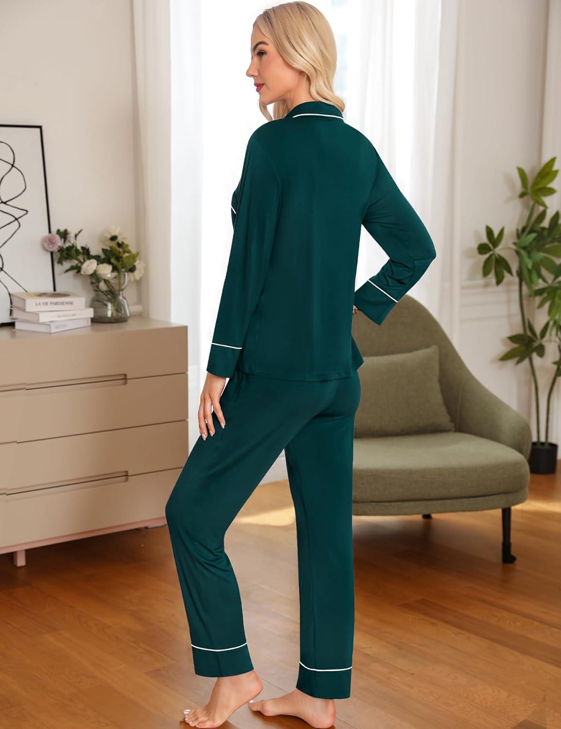imageSWOMOG Womens Pajama Sets Long Sleeve Button Down Sleepwear Soft Pjs Lounge Sets with Pockets Navy Blue Wide PipingEmerald Green