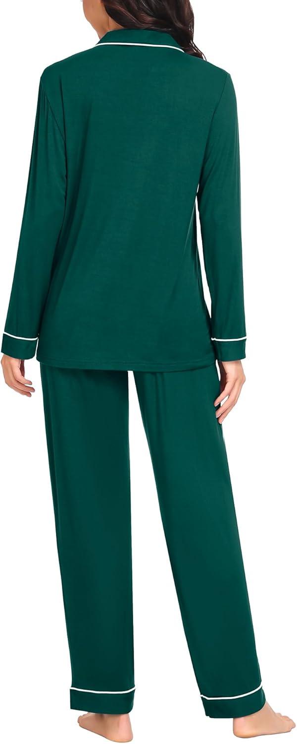 imageSWOMOG Womens Pajama Sets Long Sleeve Button Down Sleepwear Soft Pjs Lounge Sets with Pockets Navy Blue Wide PipingGreen