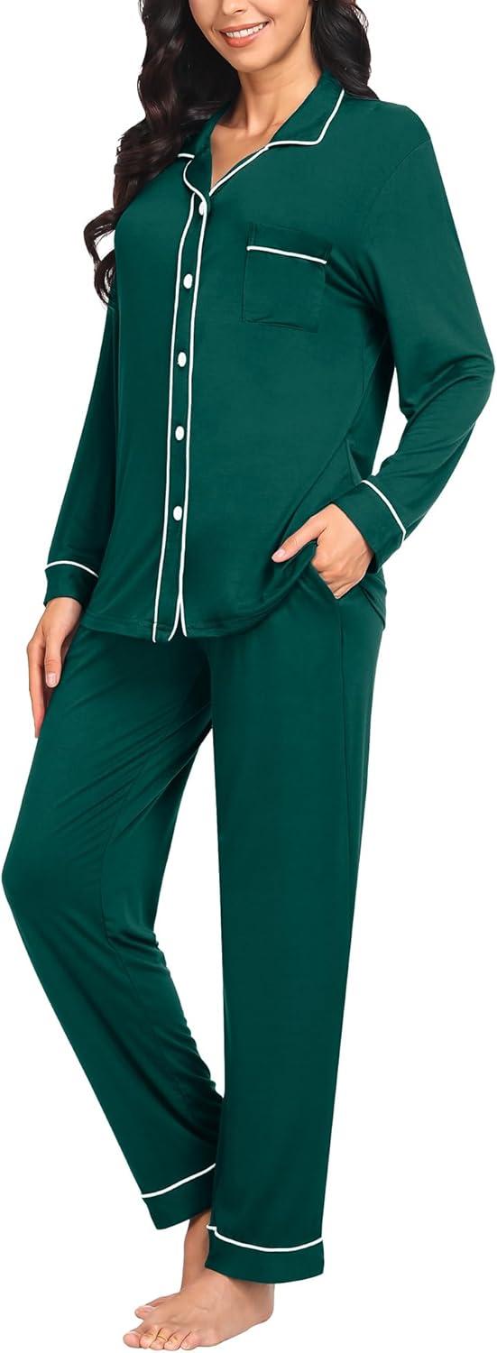 imageSWOMOG Womens Pajama Sets Long Sleeve Button Down Sleepwear Soft Pjs Lounge Sets with Pockets Navy Blue Wide PipingGreen