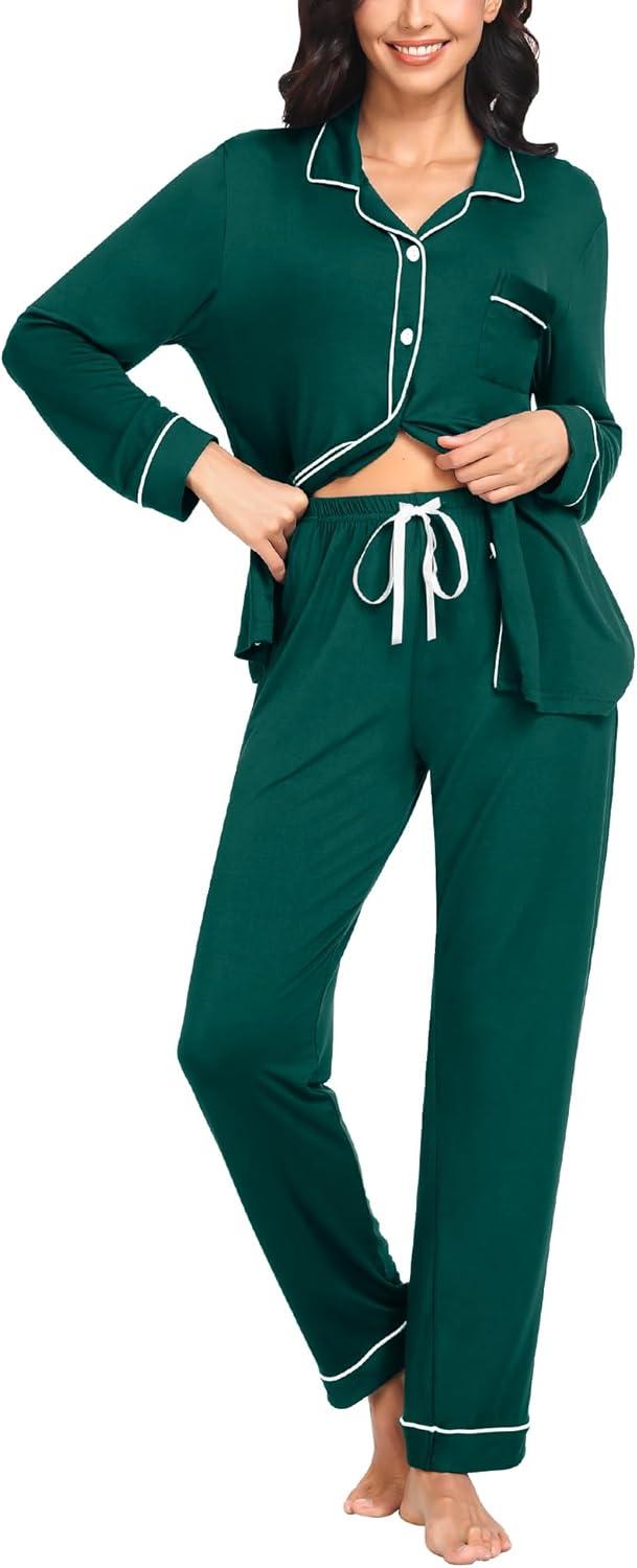 imageSWOMOG Womens Pajama Sets Long Sleeve Button Down Sleepwear Soft Pjs Lounge Sets with Pockets Navy Blue Wide PipingGreen