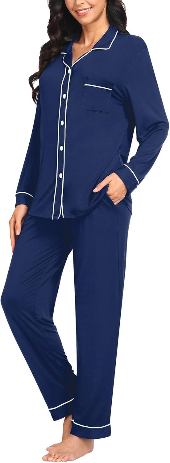 imageSWOMOG Womens Pajama Sets Long Sleeve Button Down Sleepwear Soft Pjs Lounge Sets with Pockets Navy Blue Wide PipingNavy Blue