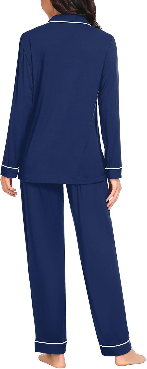 imageSWOMOG Womens Pajama Sets Long Sleeve Button Down Sleepwear Soft Pjs Lounge Sets with Pockets Navy Blue Wide PipingNavy Blue