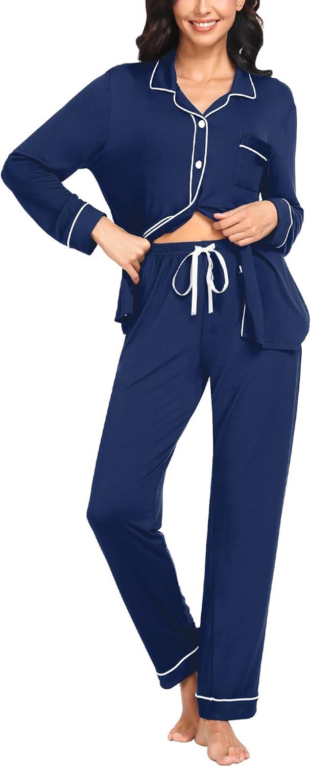 imageSWOMOG Womens Pajama Sets Long Sleeve Button Down Sleepwear Soft Pjs Lounge Sets with Pockets Navy Blue Wide PipingNavy Blue