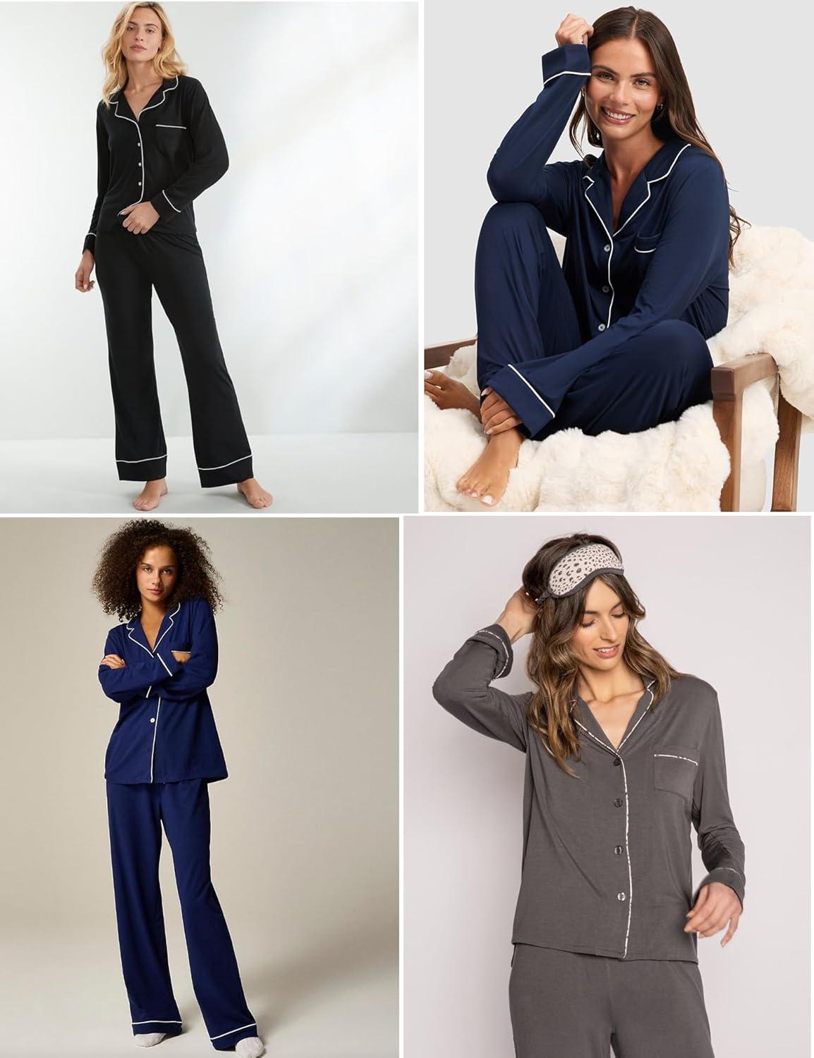 imageSWOMOG Womens Pajama Sets Long Sleeve Button Down Sleepwear Soft Pjs Lounge Sets with Pockets Navy Blue Wide PipingNavy Blue Classic
