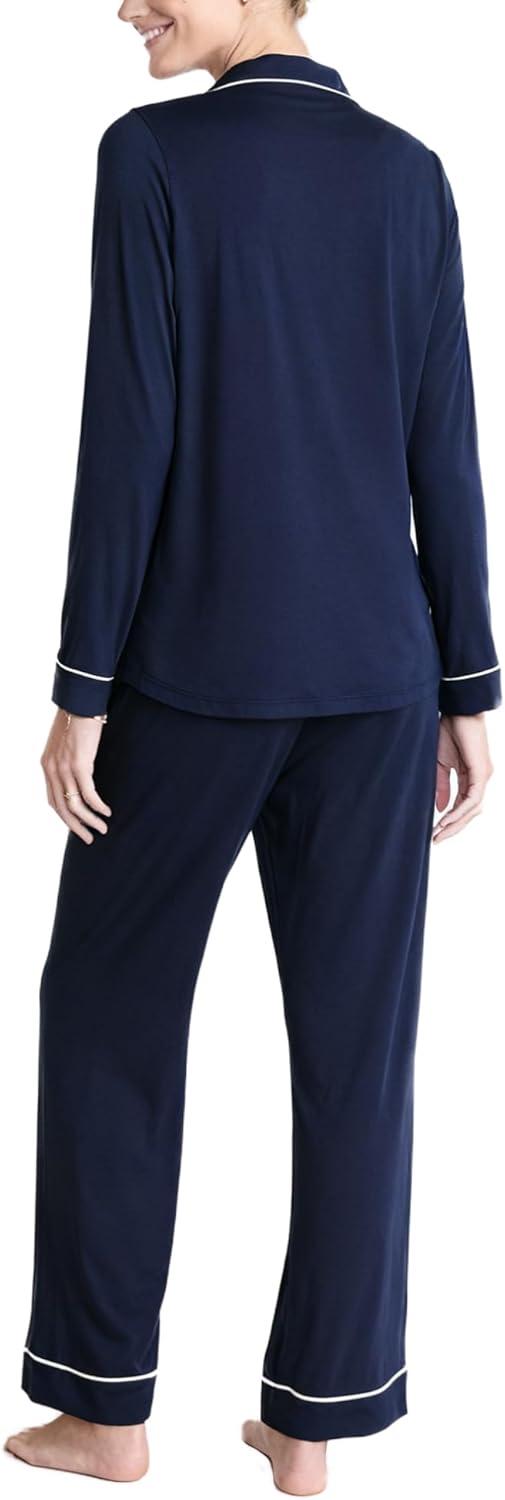 imageSWOMOG Womens Pajama Sets Long Sleeve Button Down Sleepwear Soft Pjs Lounge Sets with Pockets Navy Blue Wide PipingNavy Blue Classic