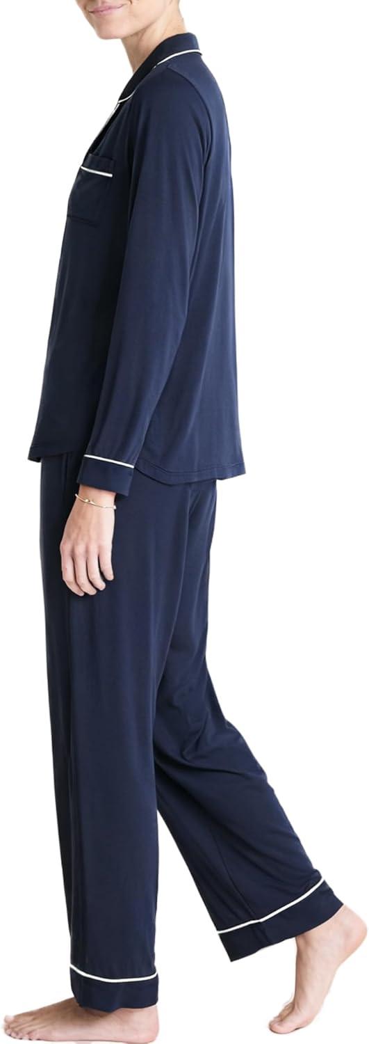 imageSWOMOG Womens Pajama Sets Long Sleeve Button Down Sleepwear Soft Pjs Lounge Sets with Pockets Navy Blue Wide PipingNavy Blue Classic