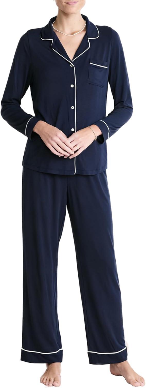 imageSWOMOG Womens Pajama Sets Long Sleeve Button Down Sleepwear Soft Pjs Lounge Sets with Pockets Navy Blue Wide PipingNavy Blue Classic