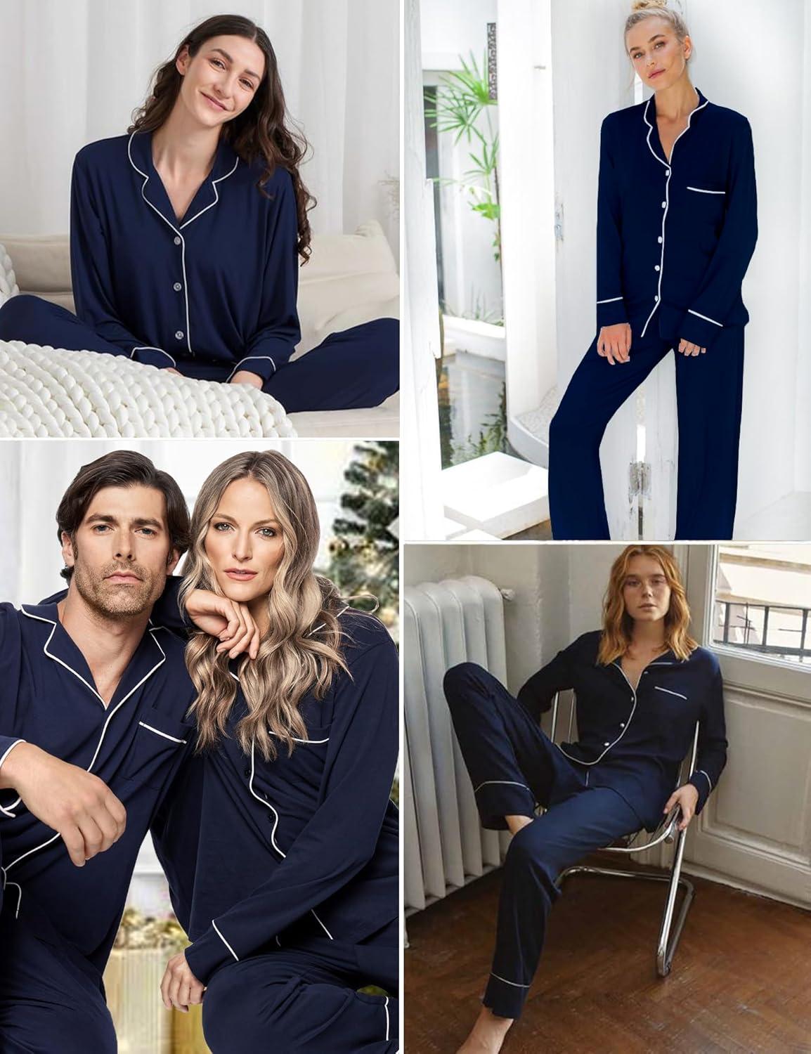 imageSWOMOG Womens Pajama Sets Long Sleeve Button Down Sleepwear Soft Pjs Lounge Sets with Pockets Navy Blue Wide PipingNavy Bluewide Piping
