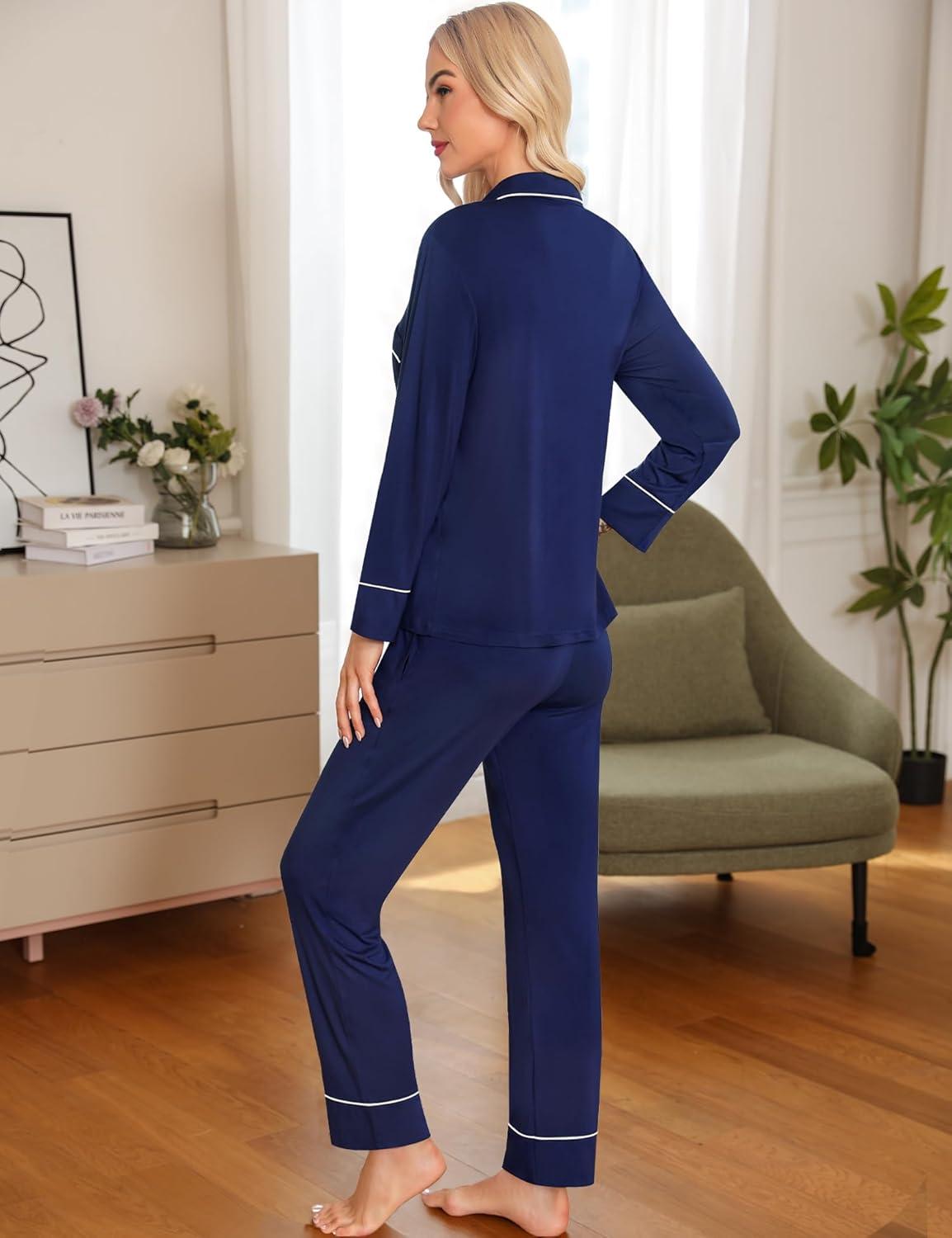 imageSWOMOG Womens Pajama Sets Long Sleeve Button Down Sleepwear Soft Pjs Lounge Sets with Pockets Navy Blue Wide PipingNavy Bluewide Piping