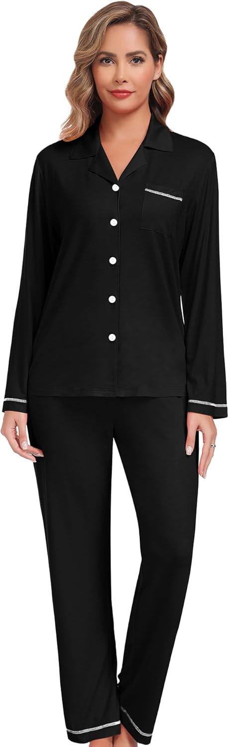 imageSWOMOG Womens Pajama Sets Long Sleeve Button Down Sleepwear Soft Pjs Lounge Sets with Pockets Navy Blue Wide PipingStyleablack