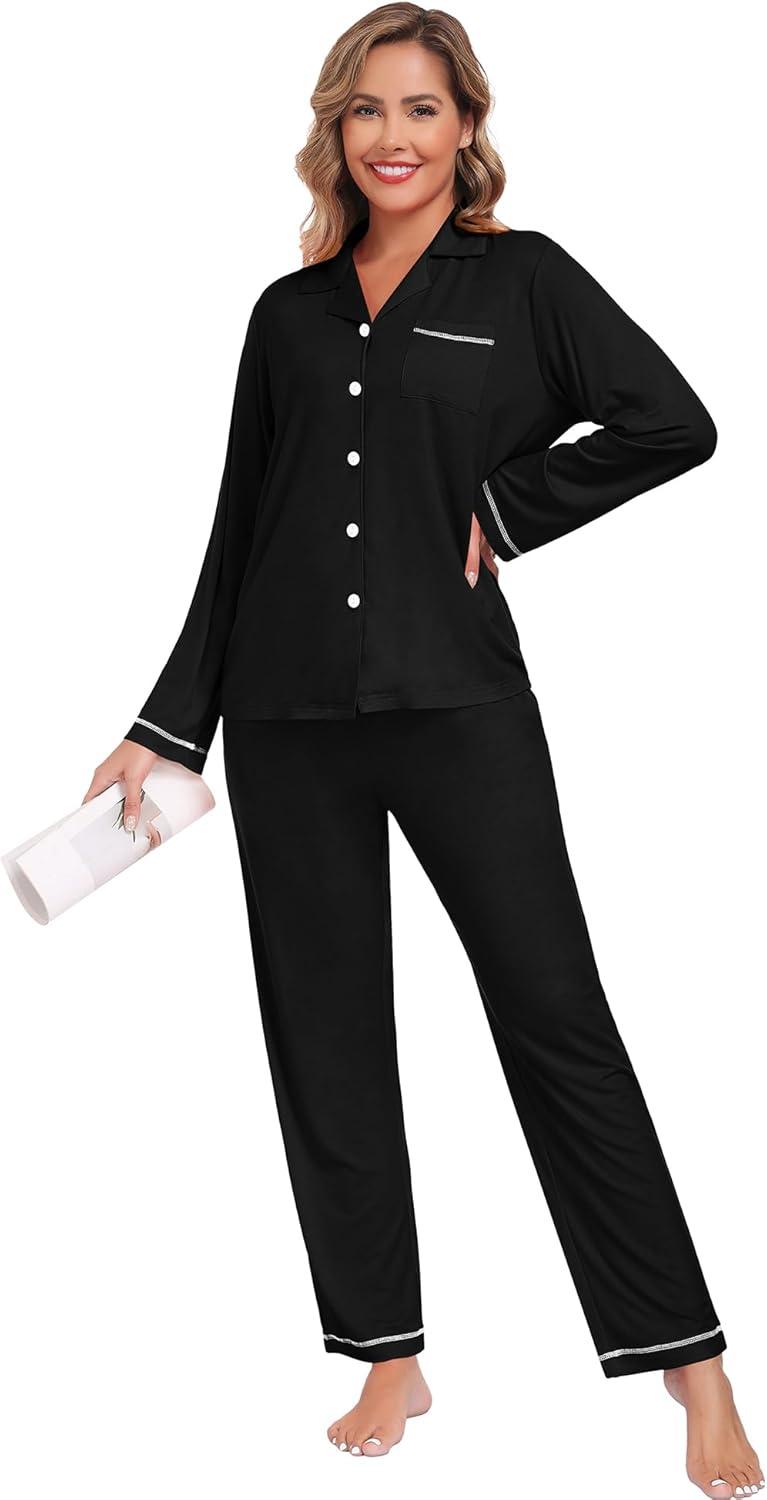 imageSWOMOG Womens Pajama Sets Long Sleeve Button Down Sleepwear Soft Pjs Lounge Sets with Pockets Navy Blue Wide PipingStyleablack