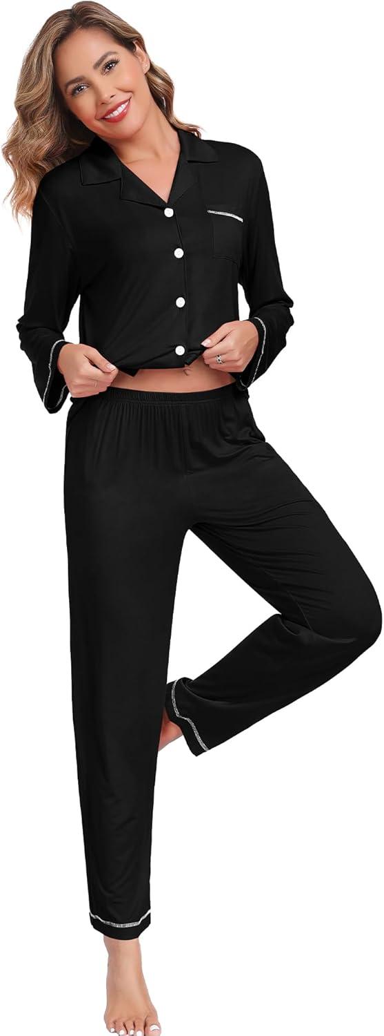 imageSWOMOG Womens Pajama Sets Long Sleeve Button Down Sleepwear Soft Pjs Lounge Sets with Pockets Navy Blue Wide PipingStyleablack