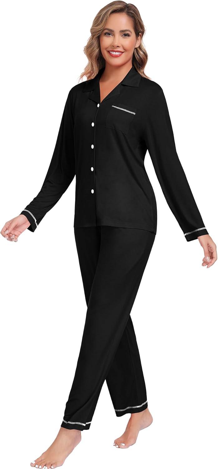 imageSWOMOG Womens Pajama Sets Long Sleeve Button Down Sleepwear Soft Pjs Lounge Sets with Pockets Navy Blue Wide PipingStyleablack