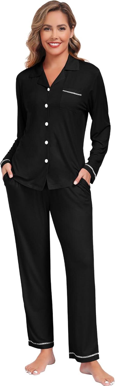 imageSWOMOG Womens Pajama Sets Long Sleeve Button Down Sleepwear Soft Pjs Lounge Sets with Pockets Navy Blue Wide PipingStyleablack
