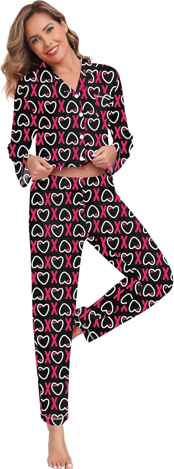 imageSWOMOG Womens Pajama Sets Long Sleeve Button Down Sleepwear Soft Pjs Lounge Sets with Pockets Navy Blue Wide PipingStyleablack Heart