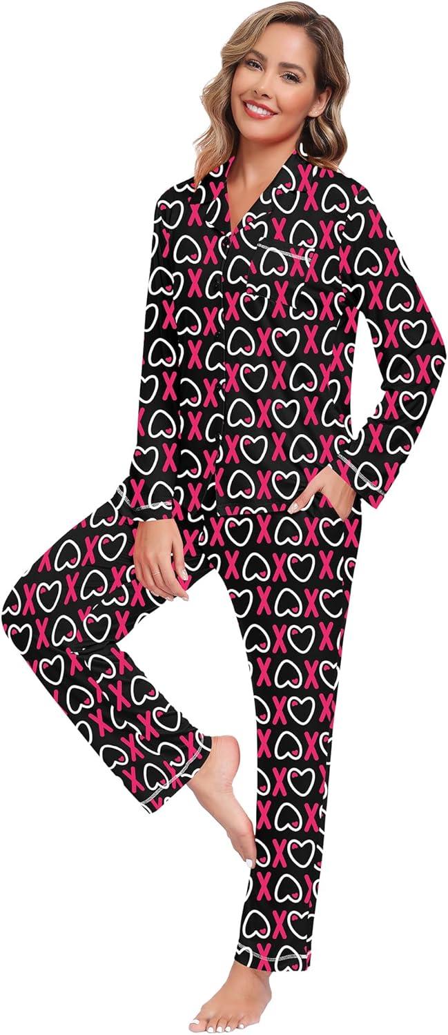 imageSWOMOG Womens Pajama Sets Long Sleeve Button Down Sleepwear Soft Pjs Lounge Sets with Pockets Navy Blue Wide PipingStyleablack Heart