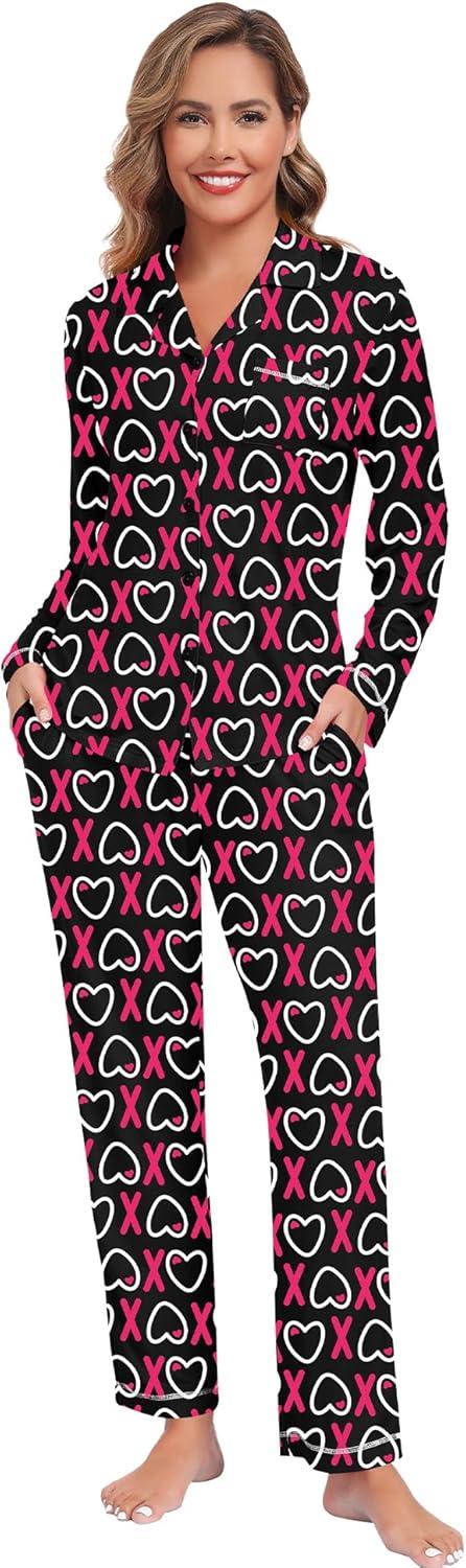 imageSWOMOG Womens Pajama Sets Long Sleeve Button Down Sleepwear Soft Pjs Lounge Sets with Pockets Navy Blue Wide PipingStyleablack Heart