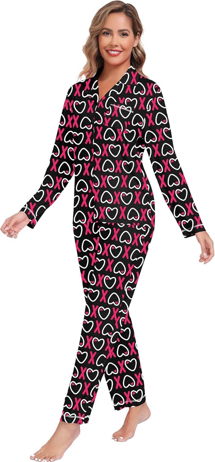 imageSWOMOG Womens Pajama Sets Long Sleeve Button Down Sleepwear Soft Pjs Lounge Sets with Pockets Navy Blue Wide PipingStyleablack Heart