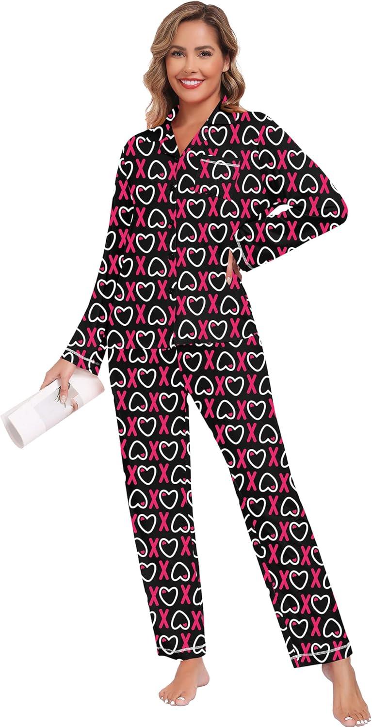 imageSWOMOG Womens Pajama Sets Long Sleeve Button Down Sleepwear Soft Pjs Lounge Sets with Pockets Navy Blue Wide PipingStyleablack Heart