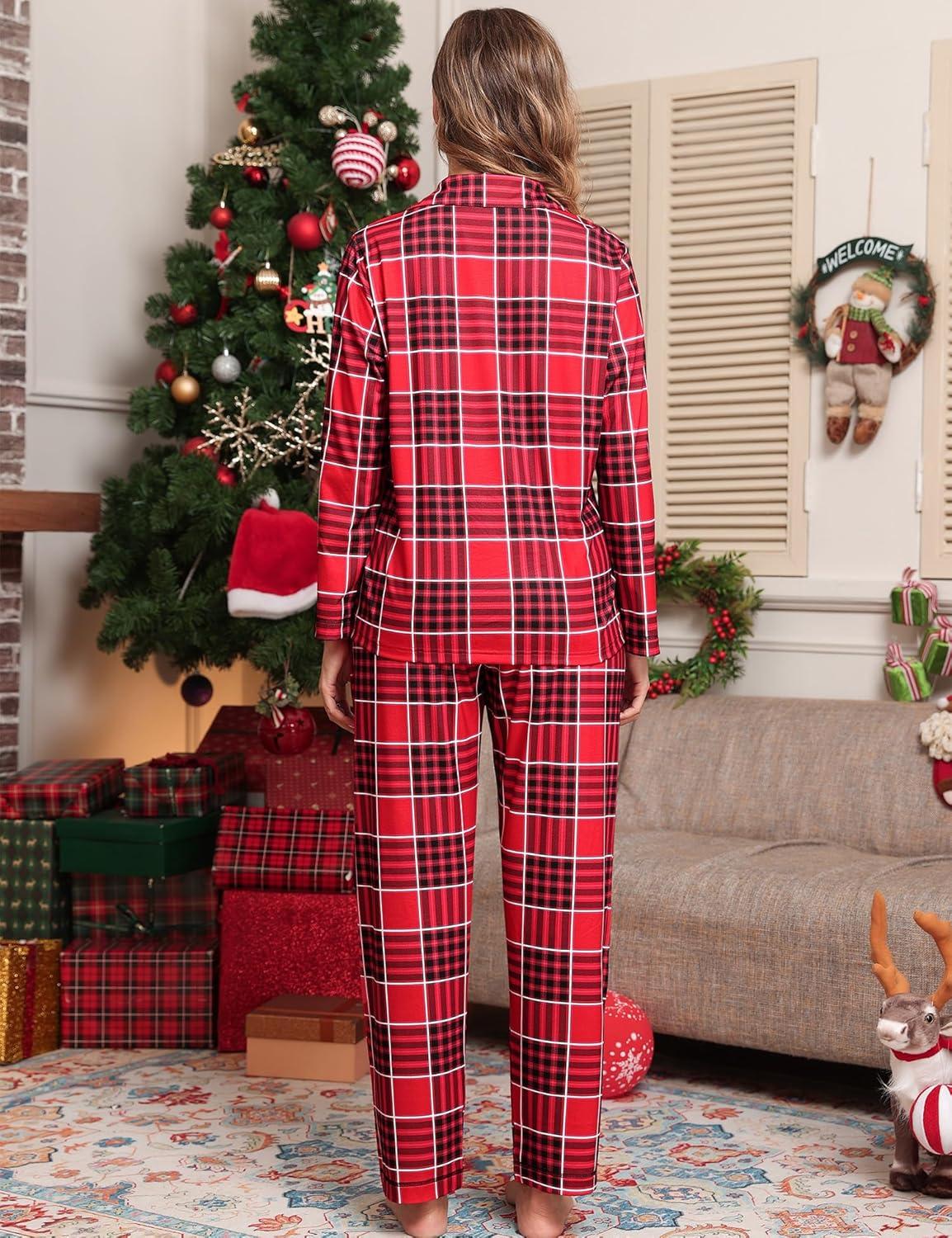 imageSWOMOG Womens Pajama Sets Long Sleeve Button Down Sleepwear Soft Pjs Lounge Sets with Pockets Navy Blue Wide PipingStyleablack Red Black Plaid