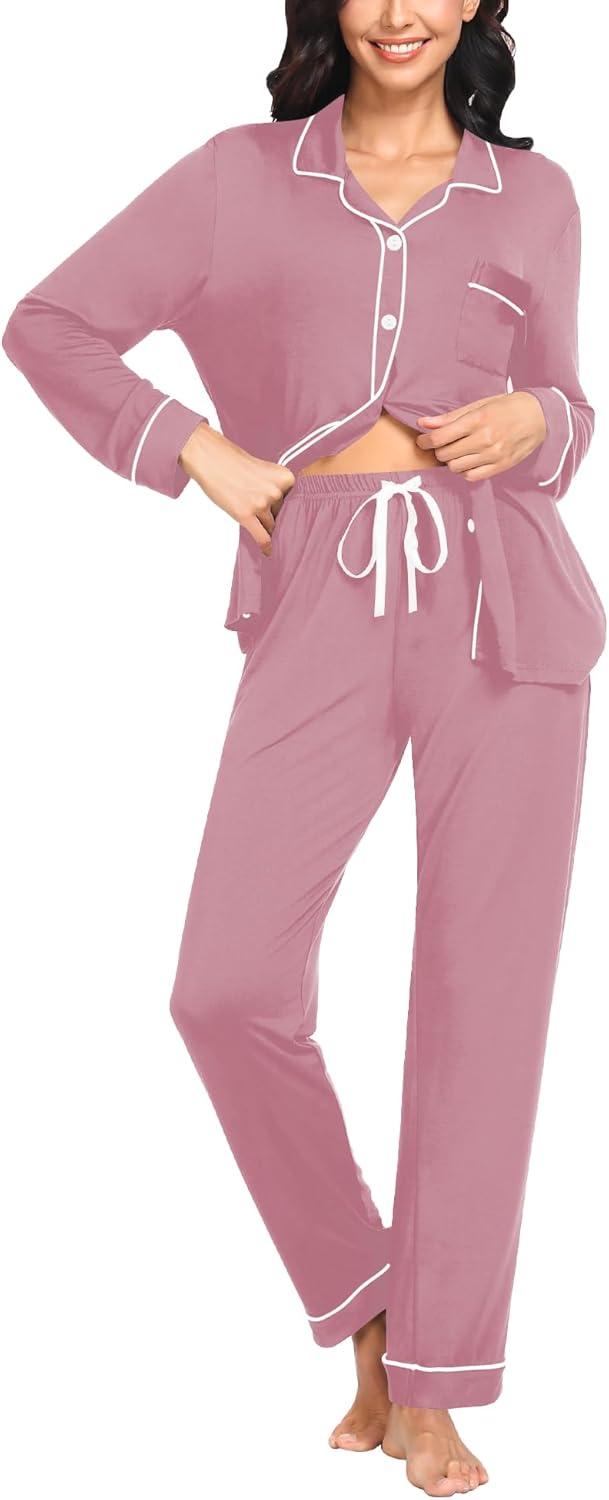 imageSWOMOG Womens Pajama Sets Long Sleeve Button Down Sleepwear Soft Pjs Lounge Sets with Pockets Navy Blue Wide PipingTaro Purple