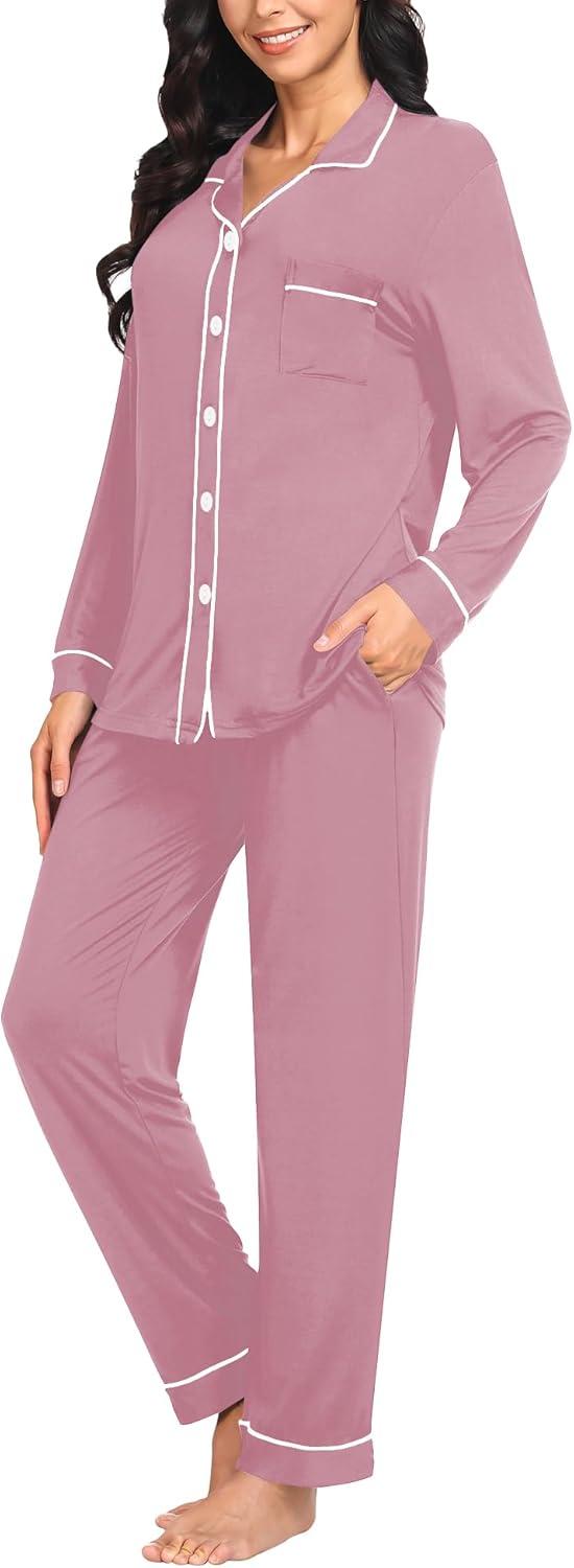 imageSWOMOG Womens Pajama Sets Long Sleeve Button Down Sleepwear Soft Pjs Lounge Sets with Pockets Navy Blue Wide PipingTaro Purple