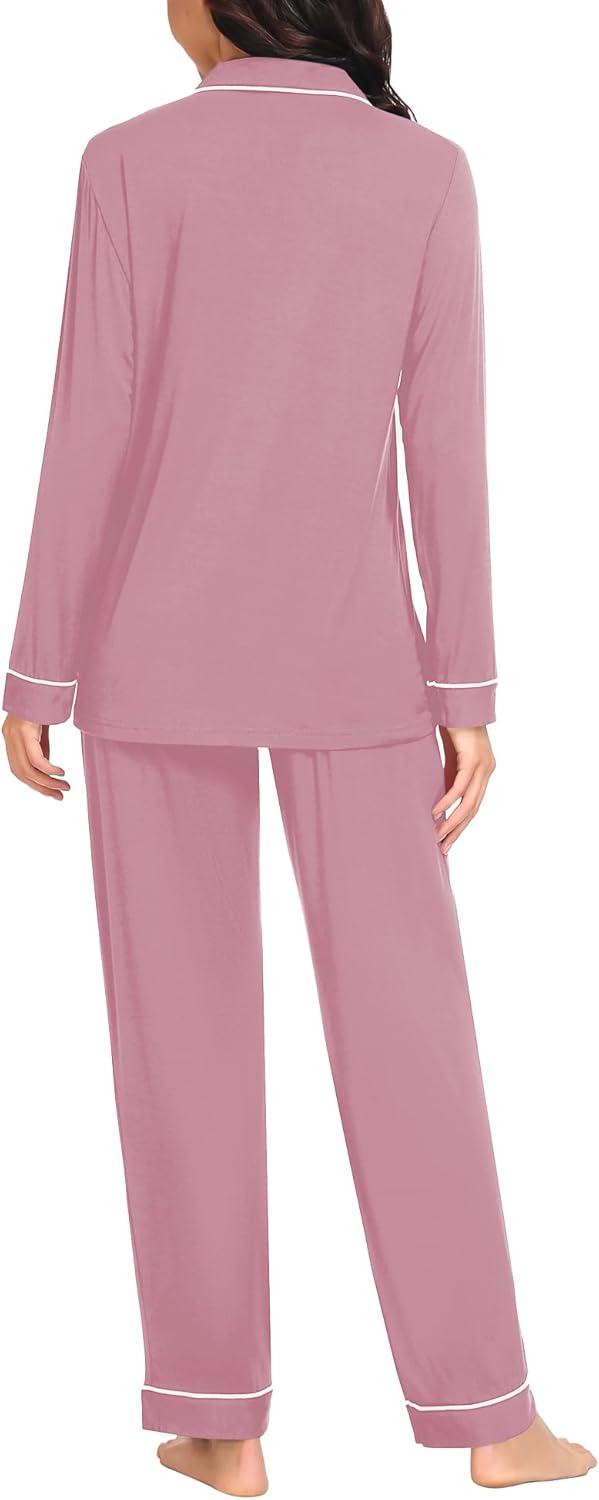 imageSWOMOG Womens Pajama Sets Long Sleeve Button Down Sleepwear Soft Pjs Lounge Sets with Pockets Navy Blue Wide PipingTaro Purple